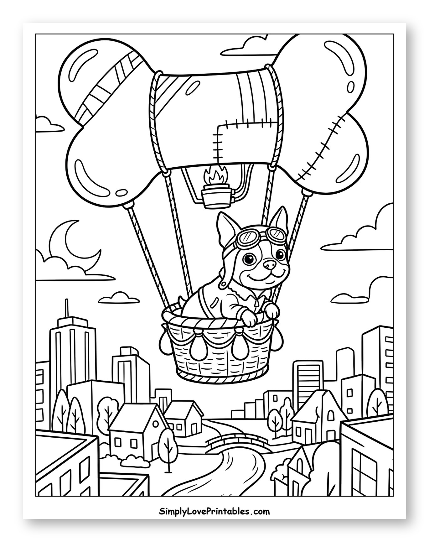 Cute Boston Terrier Puppy in Bone Balloon Coloring Page for Kids