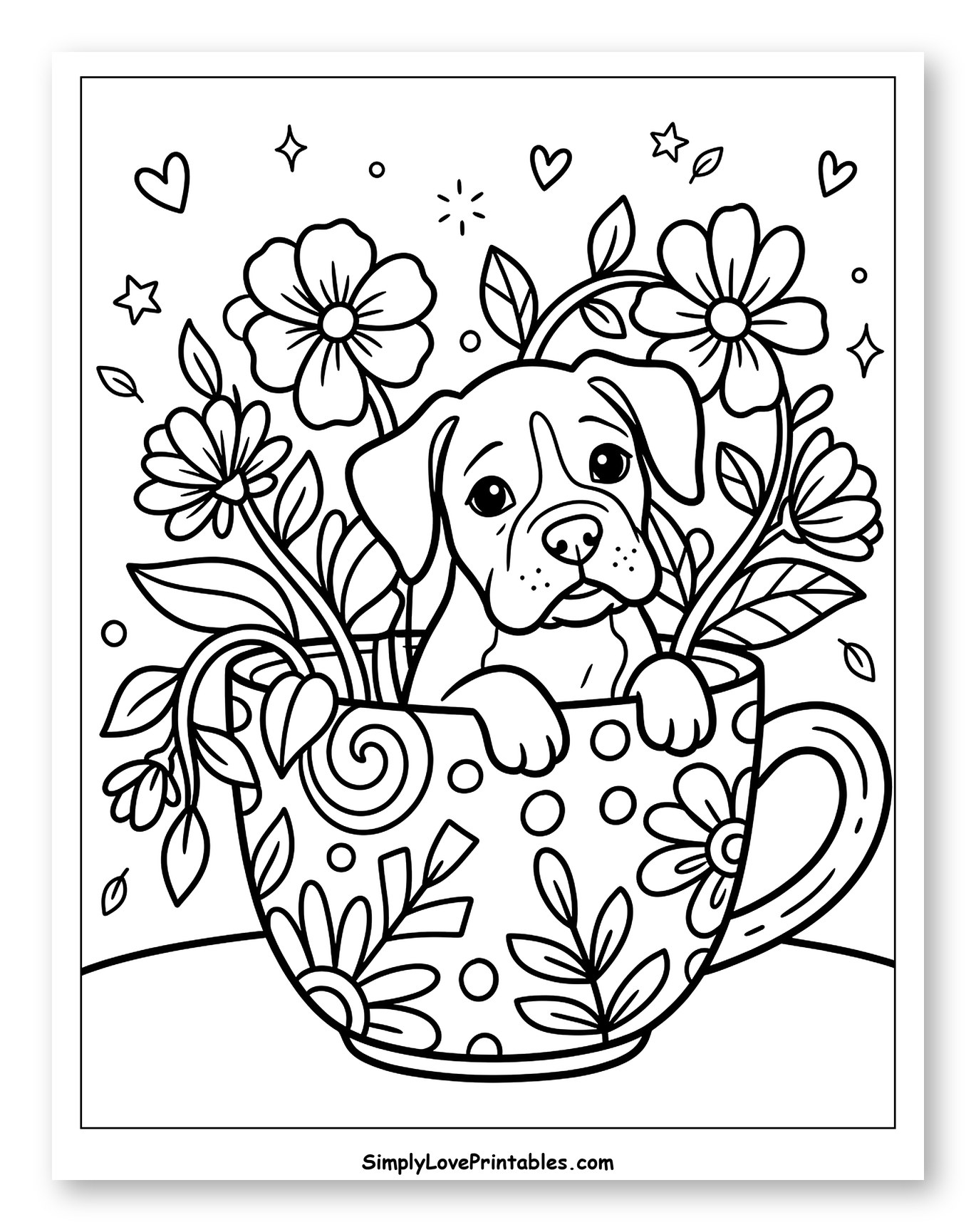 Cute Boxer Puppy in a Flower Teacup to Color for Adults