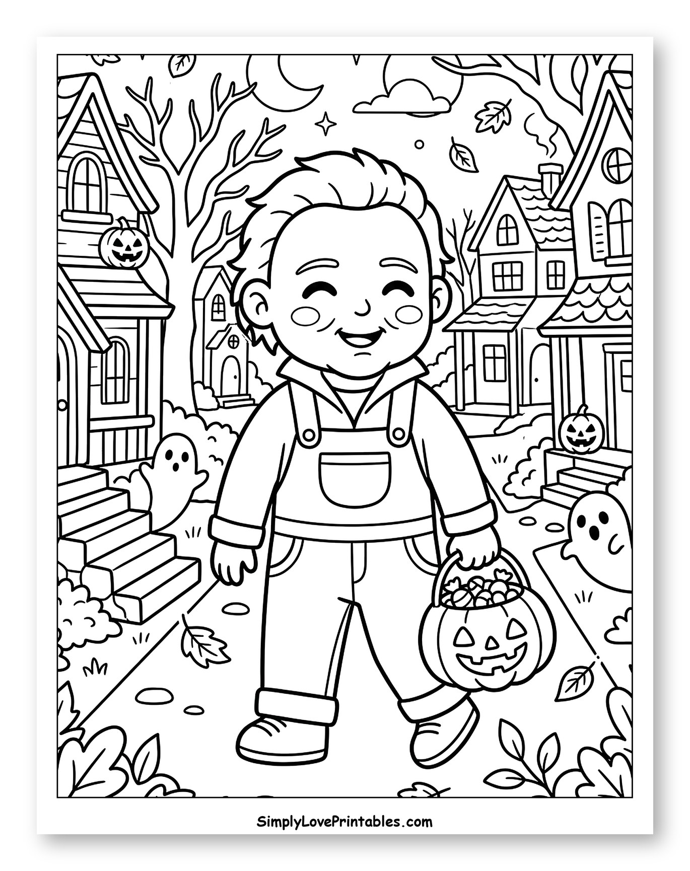 Cute Boy Dressed as Michael Myers Trick-or-Treating Coloring Page for Kids