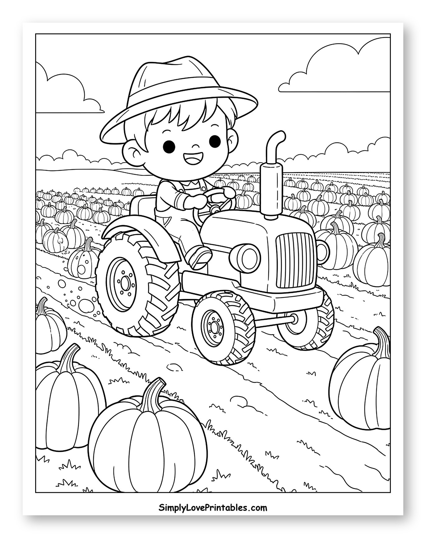 Cute Boy Driving Tractor in Pumpkin Field Coloring Sheet for Kids