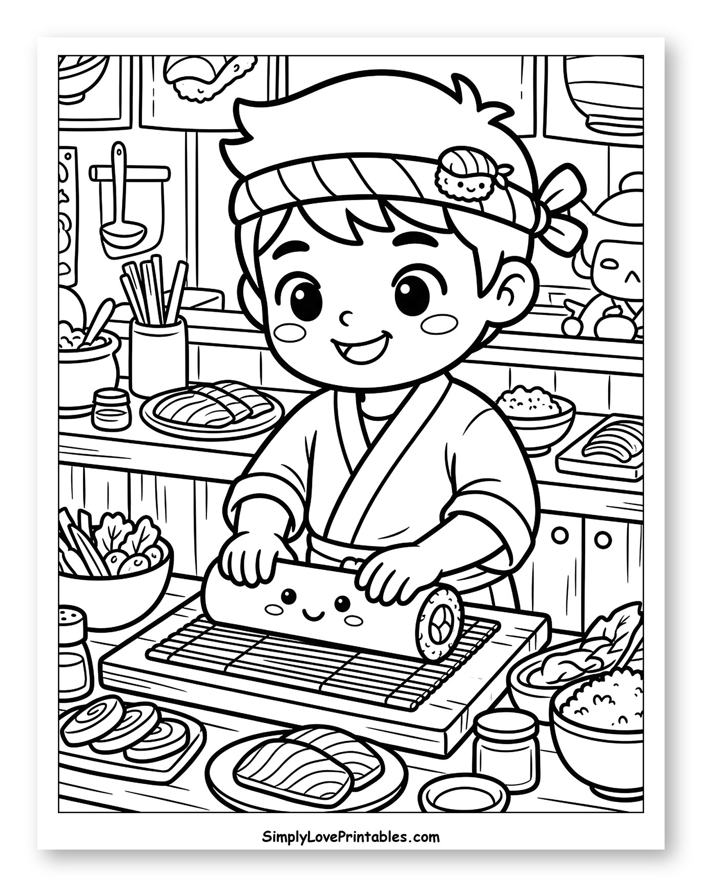 Cute Boy Sushi Chef Making Sushi to Color for Kids