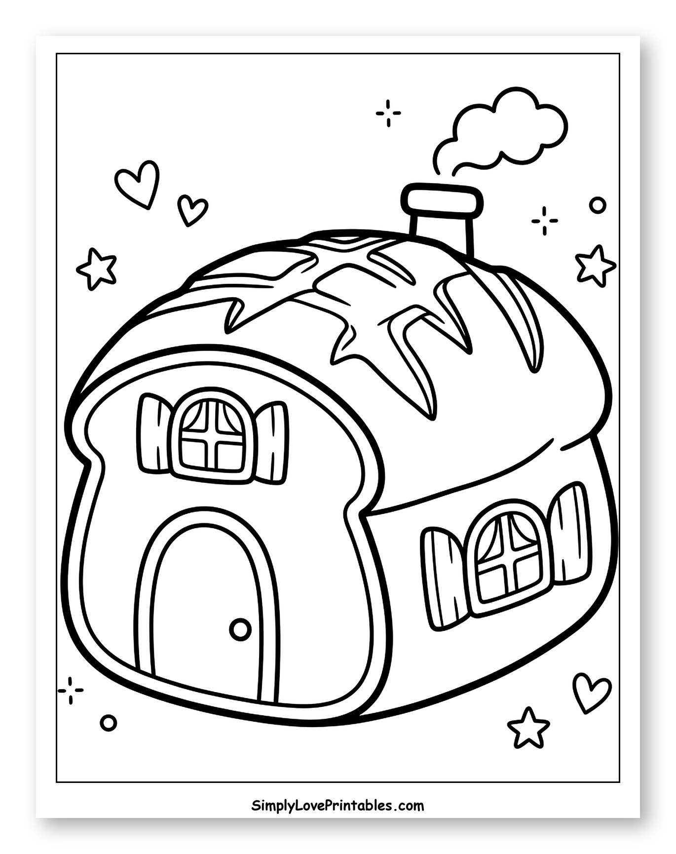Cute Bread House with Chimney and Stars Coloring Page for Adults