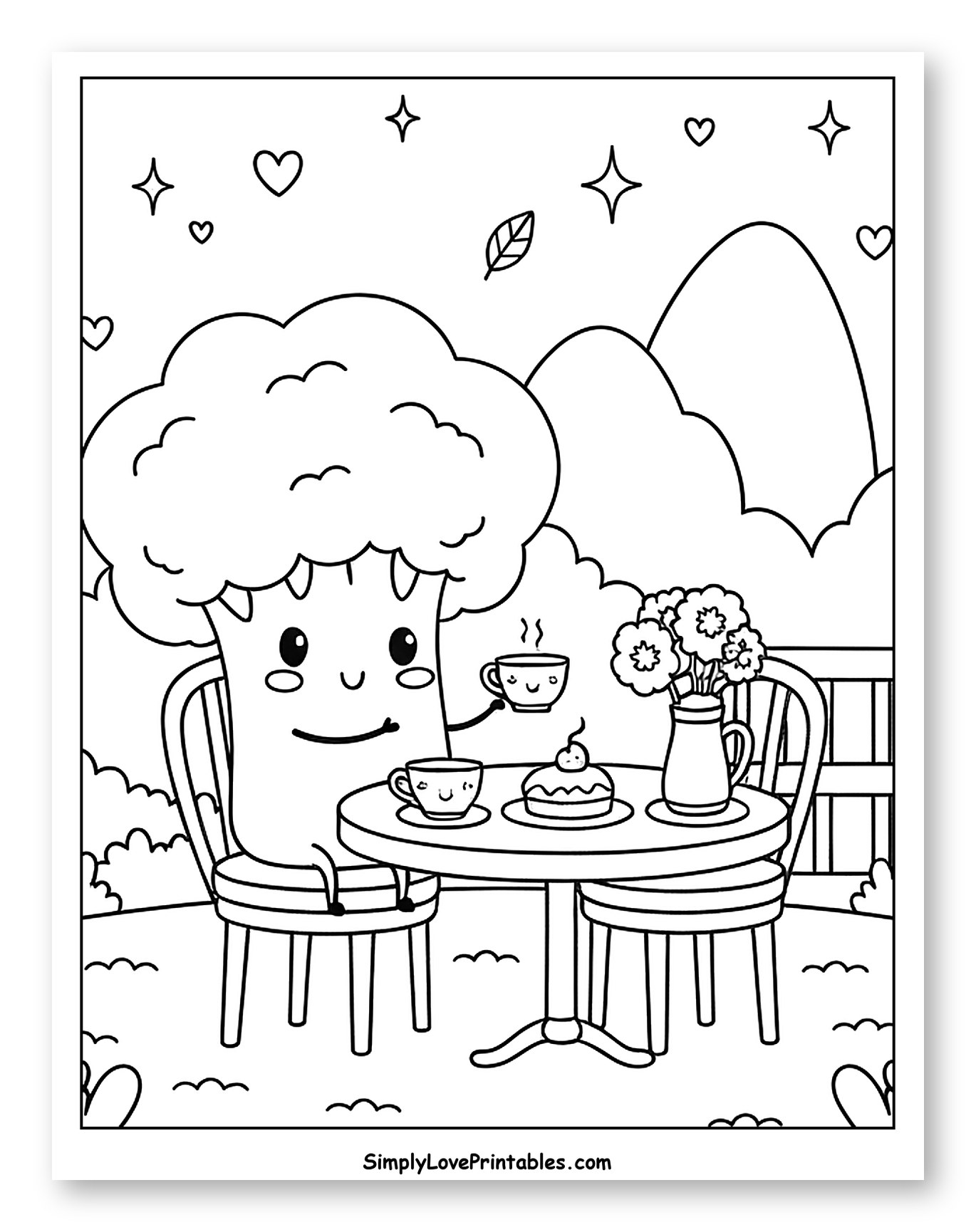 Cute Broccoli Character Having Tea Outdoors