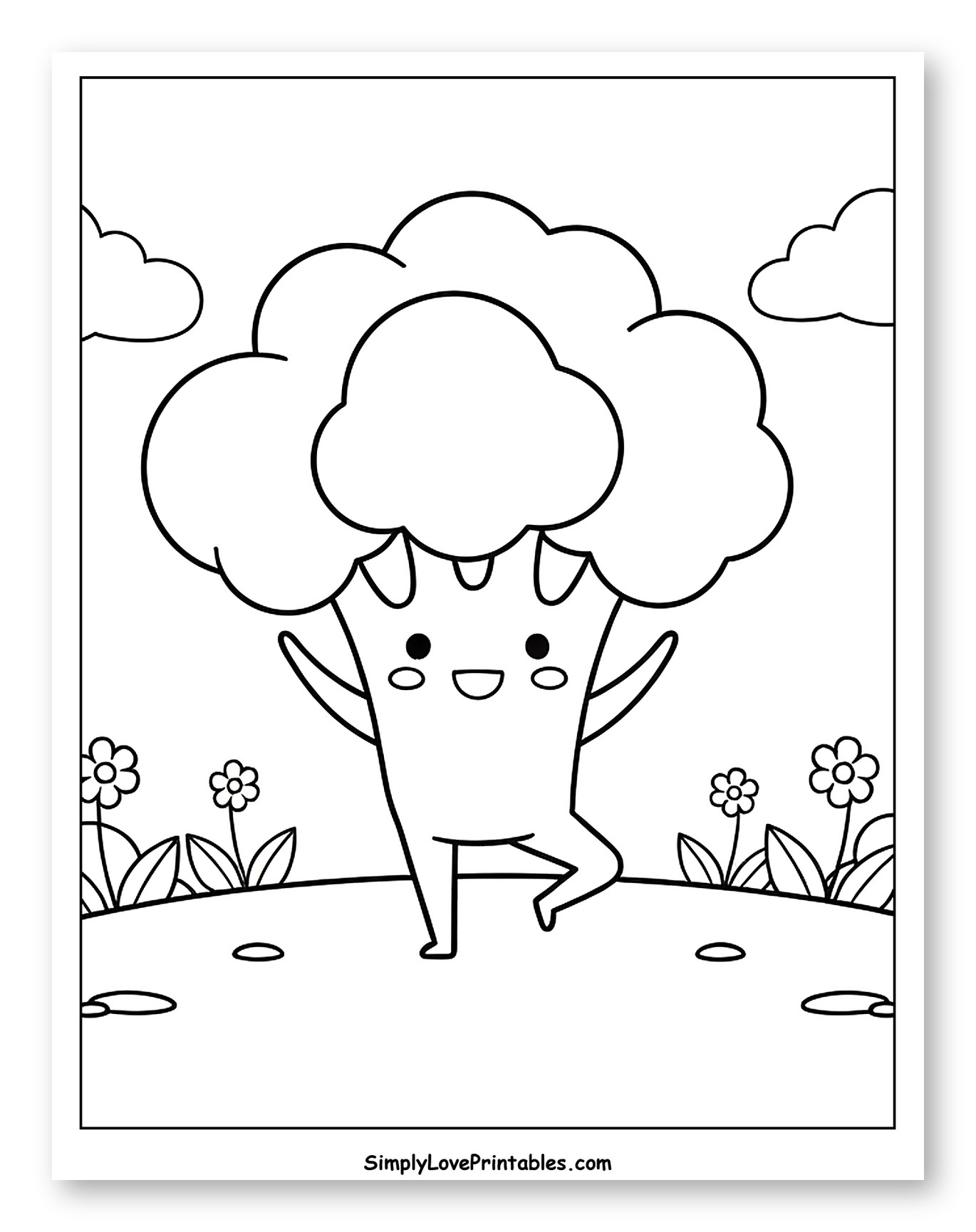 Cute Broccoli Dancing in a Field Coloring Page for Kids