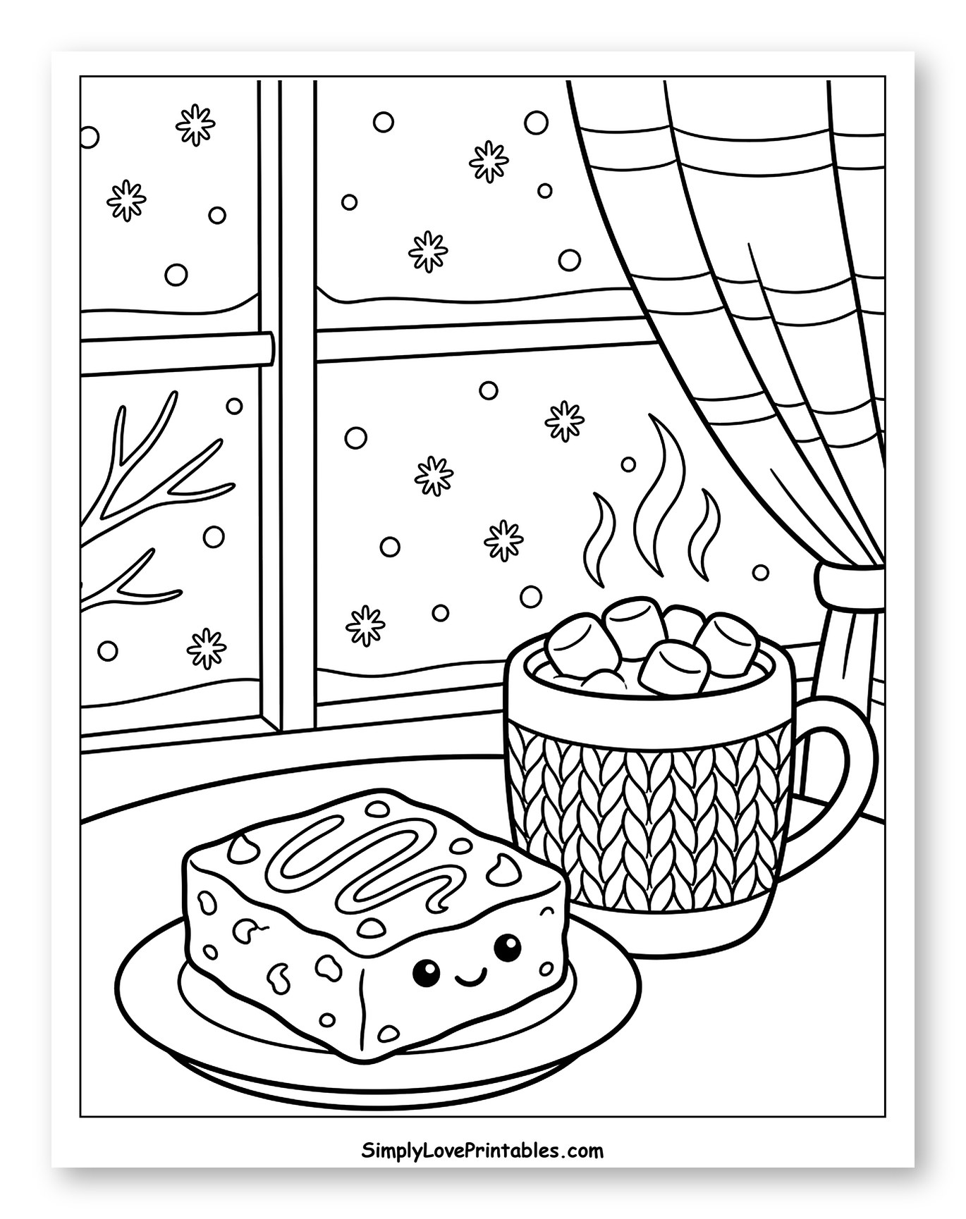 Cute Brownie and Hot Chocolate by Snowy Window Coloring Sheet for Kids