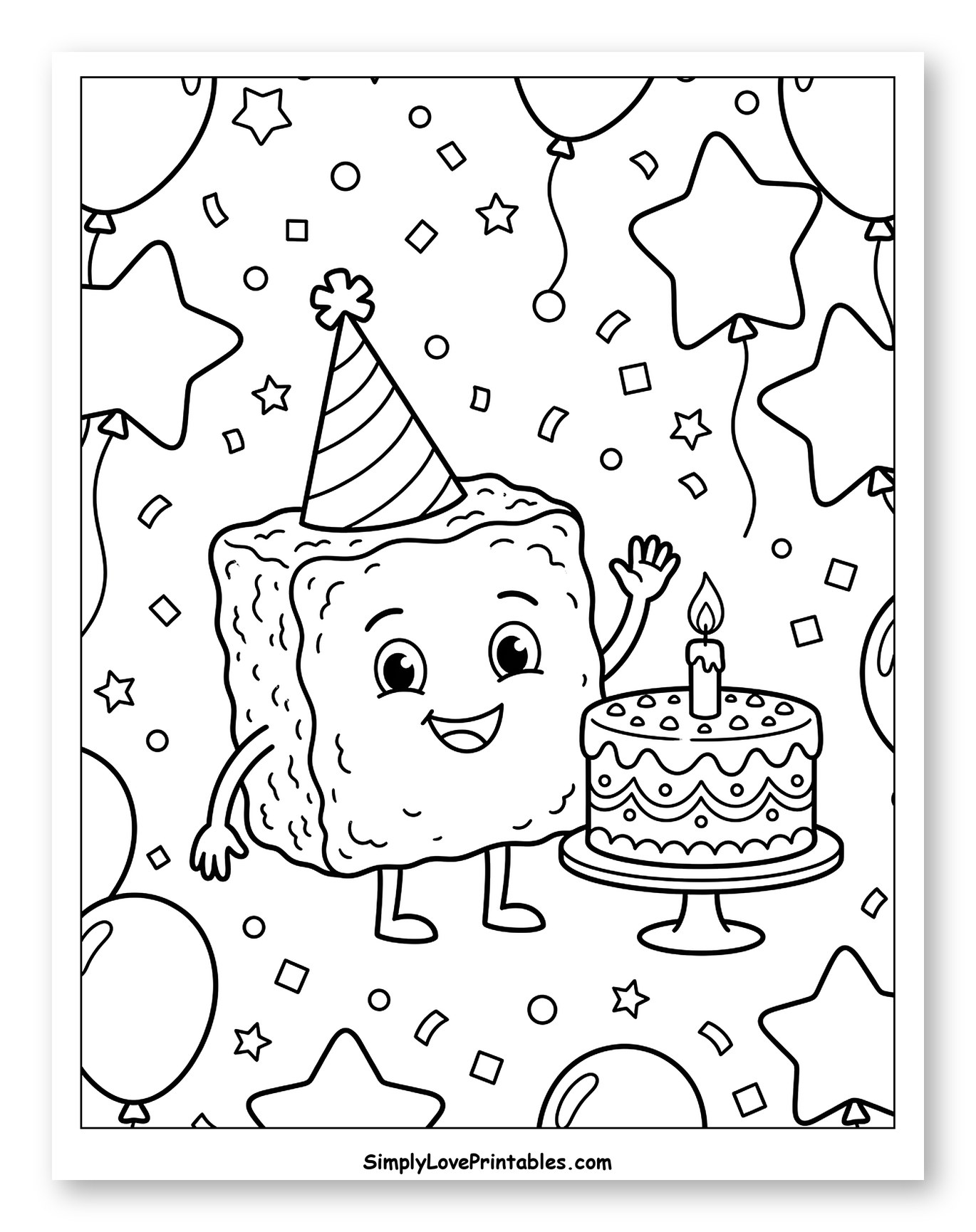 Cute Brownie Character Celebrating Birthday Coloring Sheet for Kids