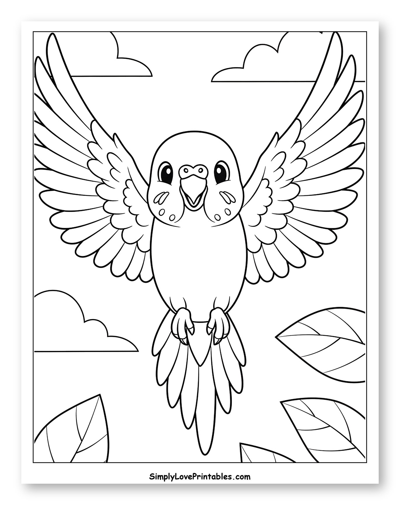Cute Budgie Bird Flying Happily Coloring Page for Toddlers