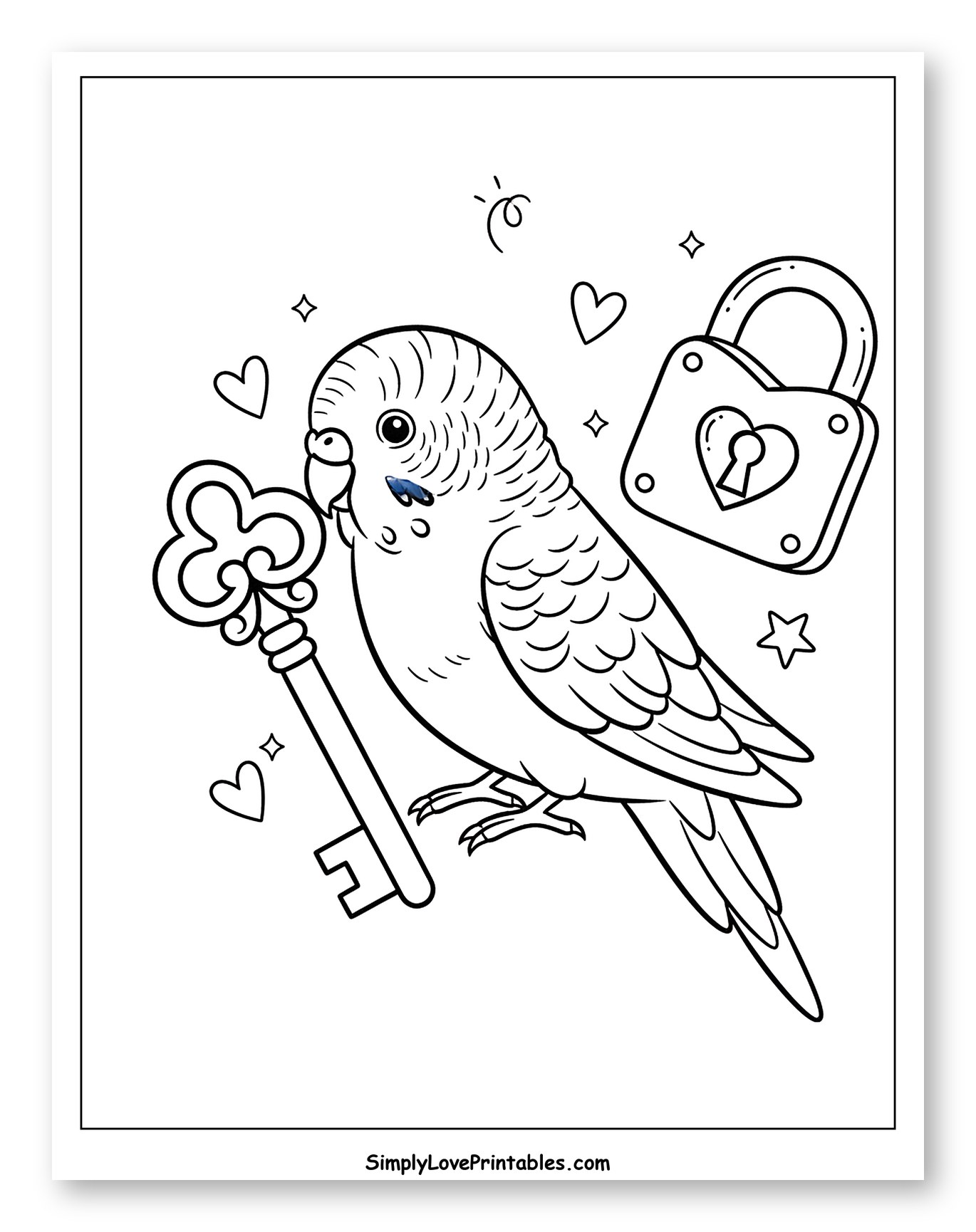 Cute Budgie Holding a Key and Heart Lock