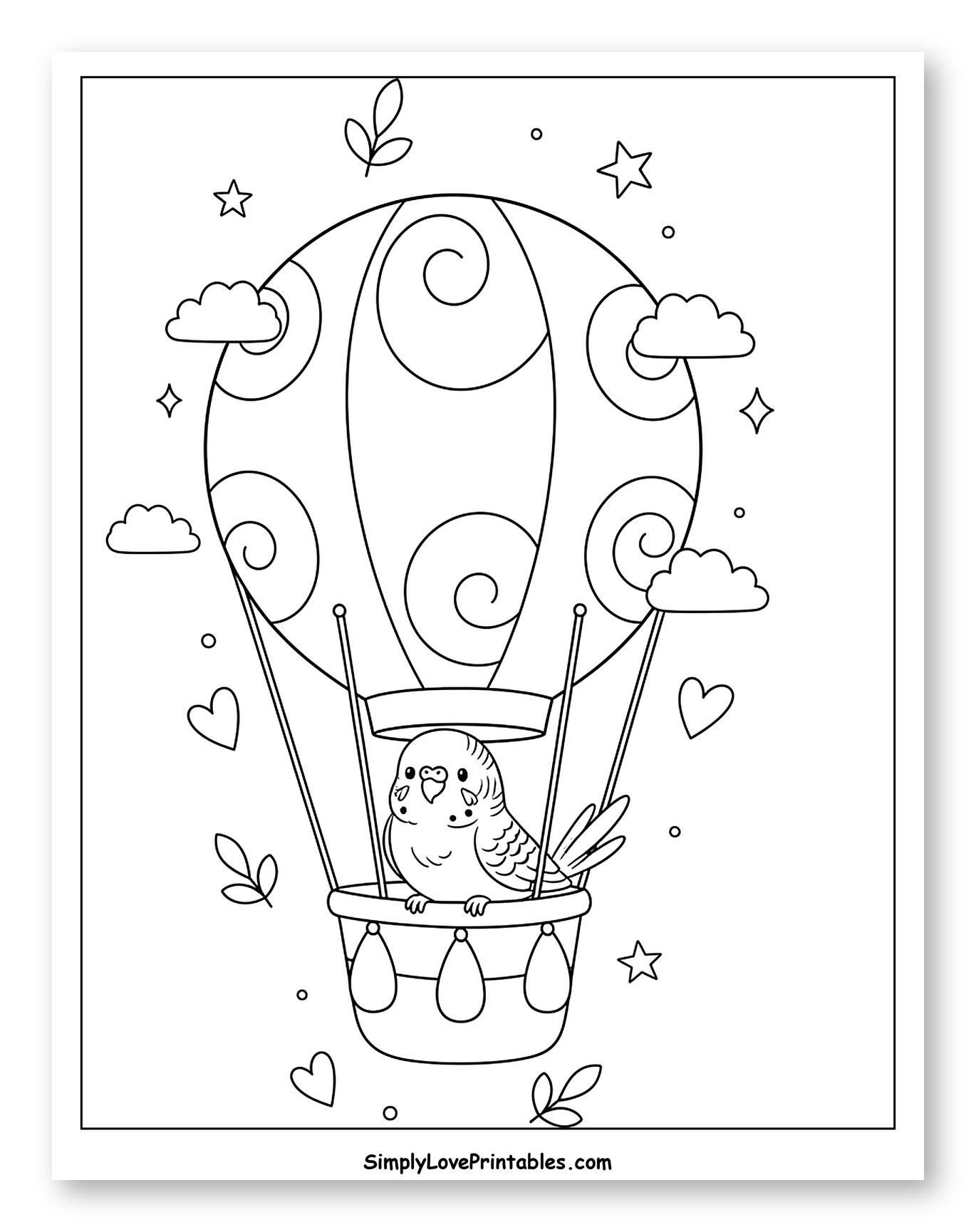 Cute Budgie in a Swirly Hot Air Balloon to Color for Adults