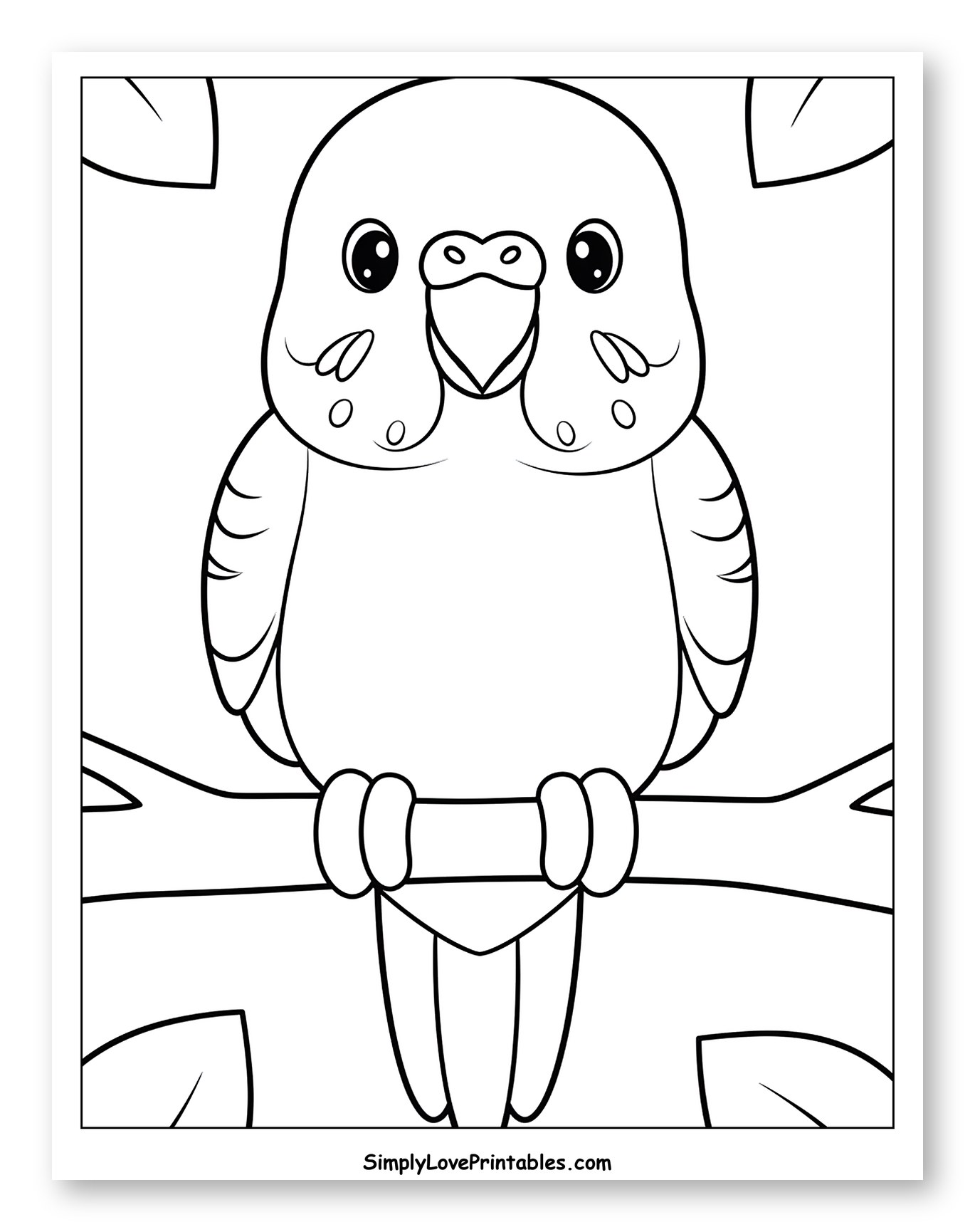 Cute Budgie on a Branch with Leaves to Color for Toddlers