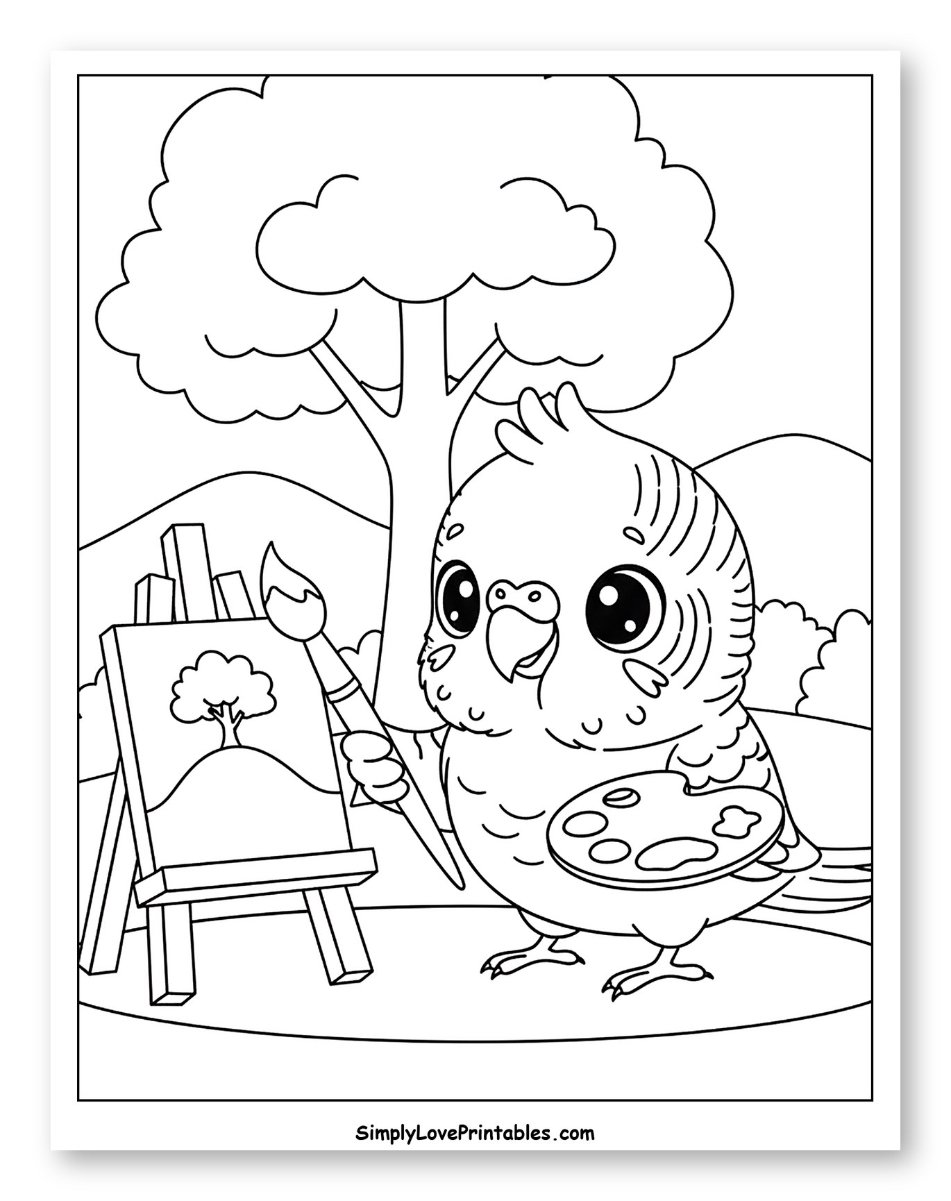 Cute Budgie Painting a Tree Landscape to Color for Kids