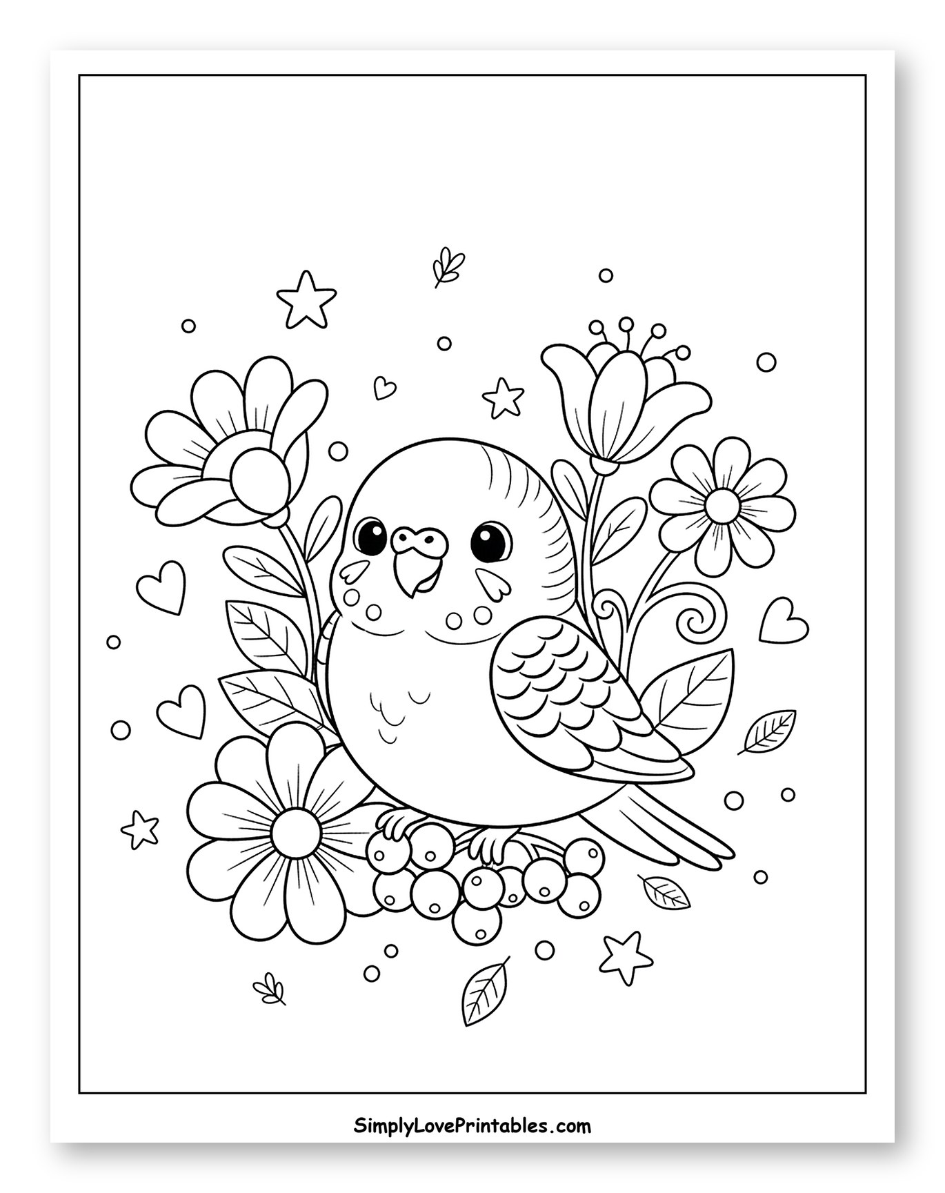 Cute Budgie Perched on Berries and Flowers Coloring Page for Adults