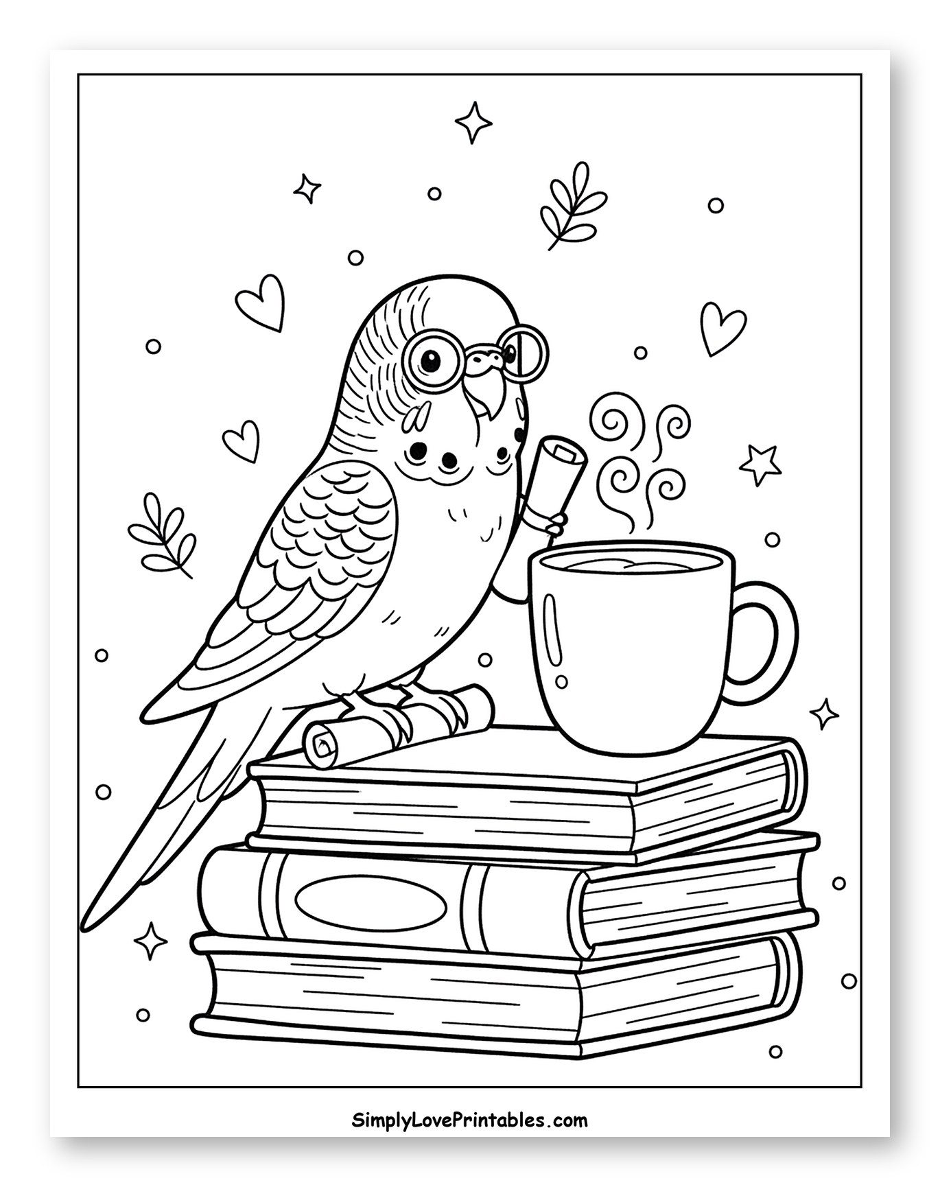 Cute Budgie Reading with Hot Drink