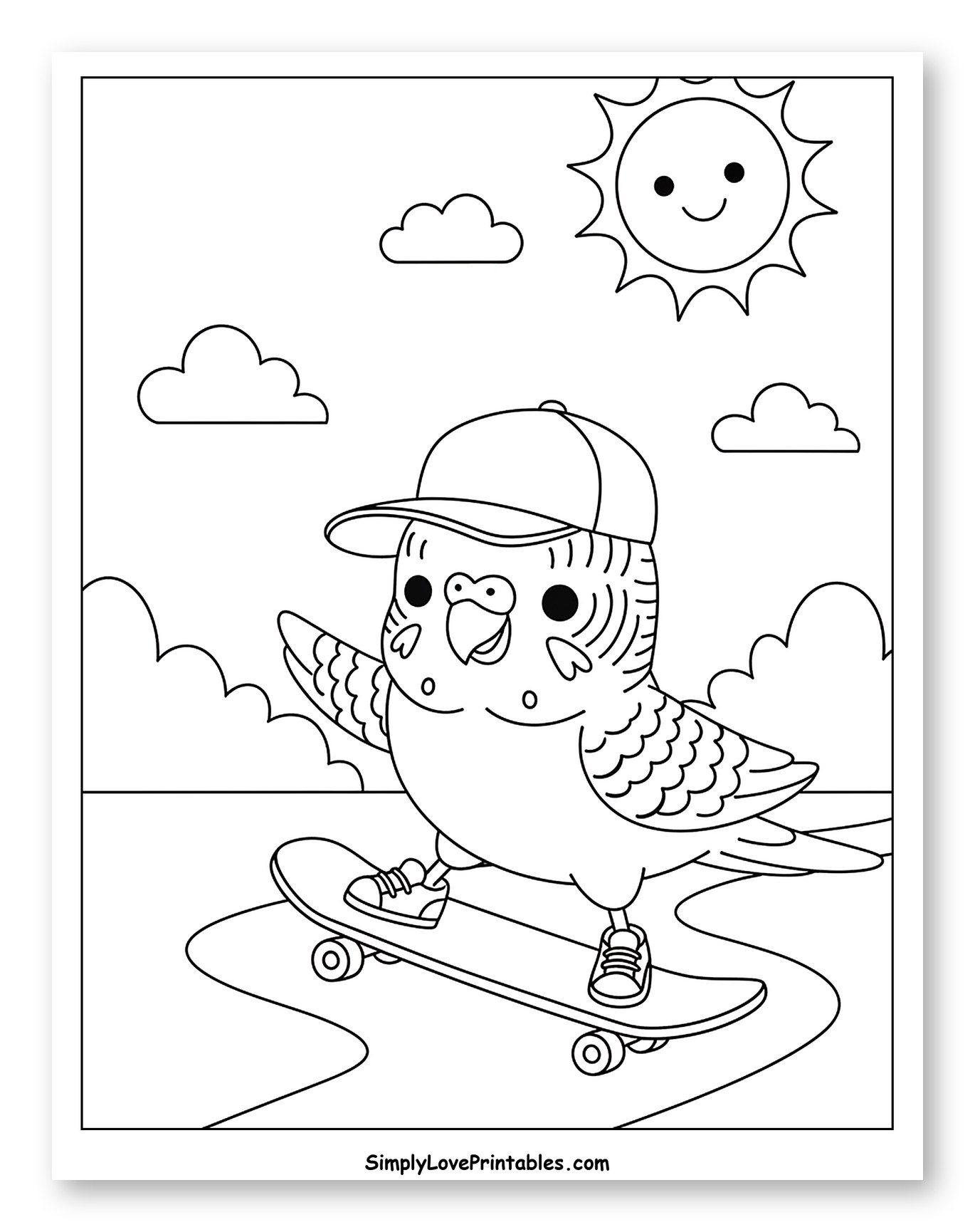 Cute Budgie Skateboarding with Smiling Sun