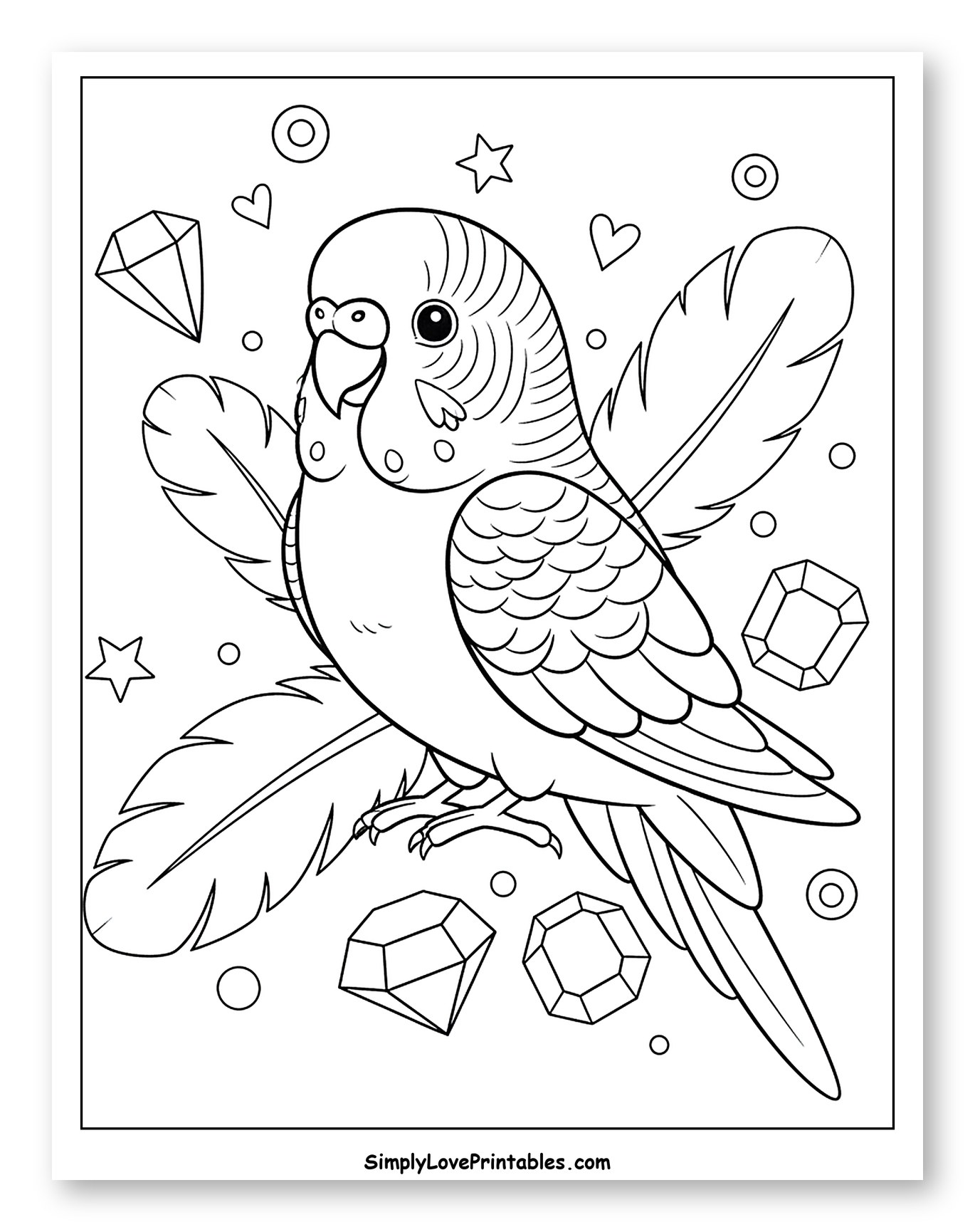 Cute Budgie Surrounded by Jewels and Feathers Coloring Sheet for Adults