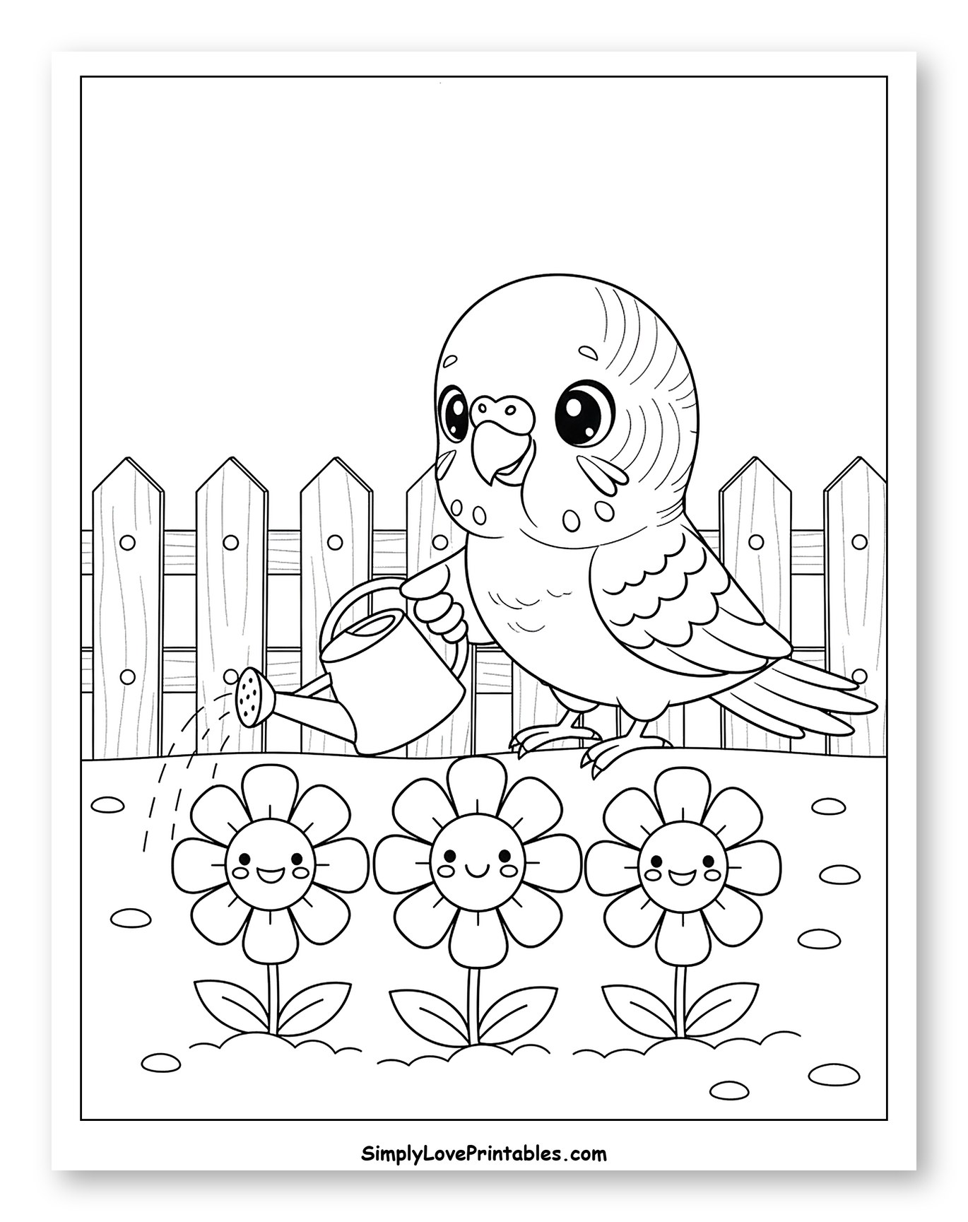 Cute Budgie Watering Smiling Flowers Coloring Page for Kids