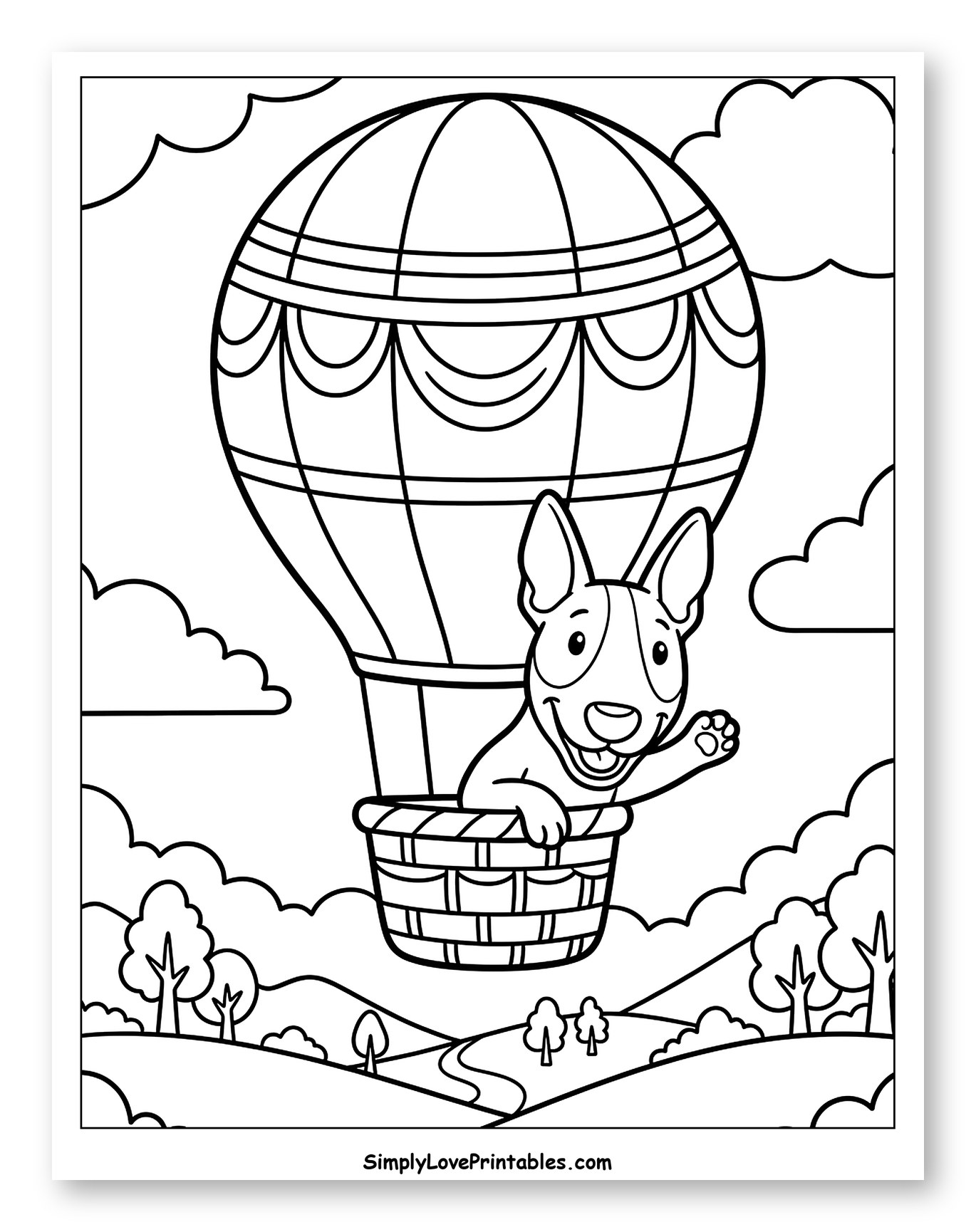 Cute Bull Terrier Dog in Hot Air Balloon to Color for Kids