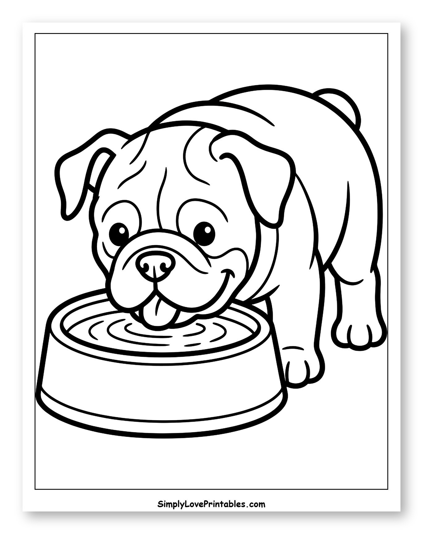 Cute Bulldog Drinking Water from Bowl Coloring Sheet for Toddlers
