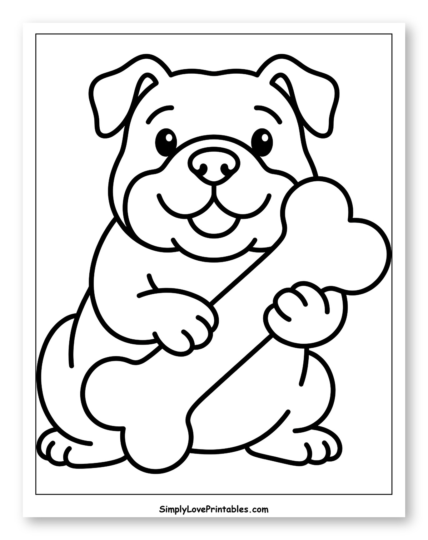 Cute Bulldog Holding a Big Bone Coloring Page for Toddlers