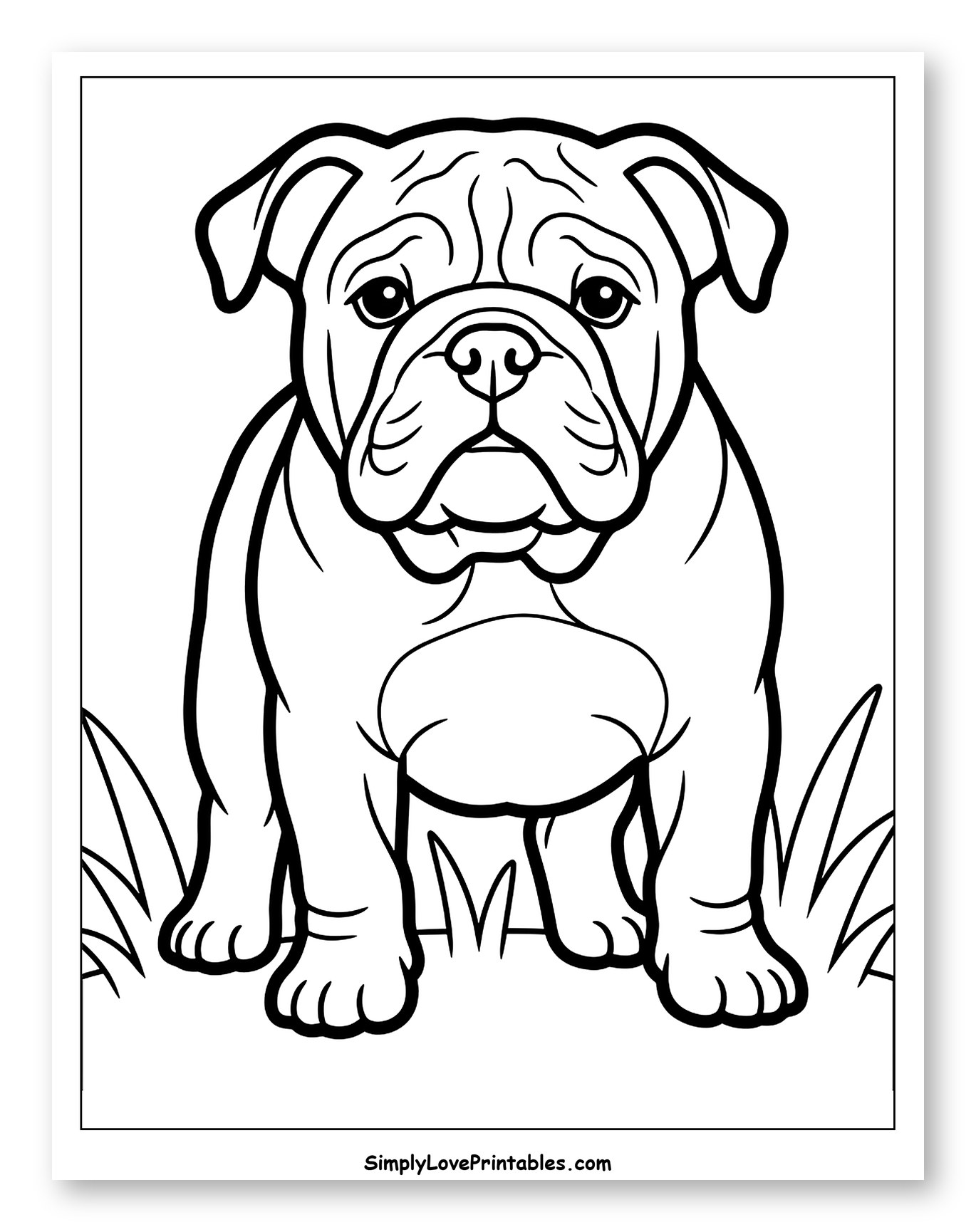 Cute Bulldog Puppy Standing in Grass Coloring Sheet for Toddlers