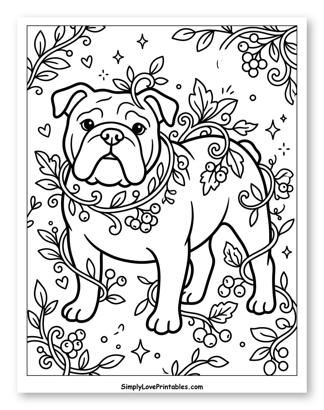Cute Bulldog Surrounded by Berries and Vines Coloring Page for Adults