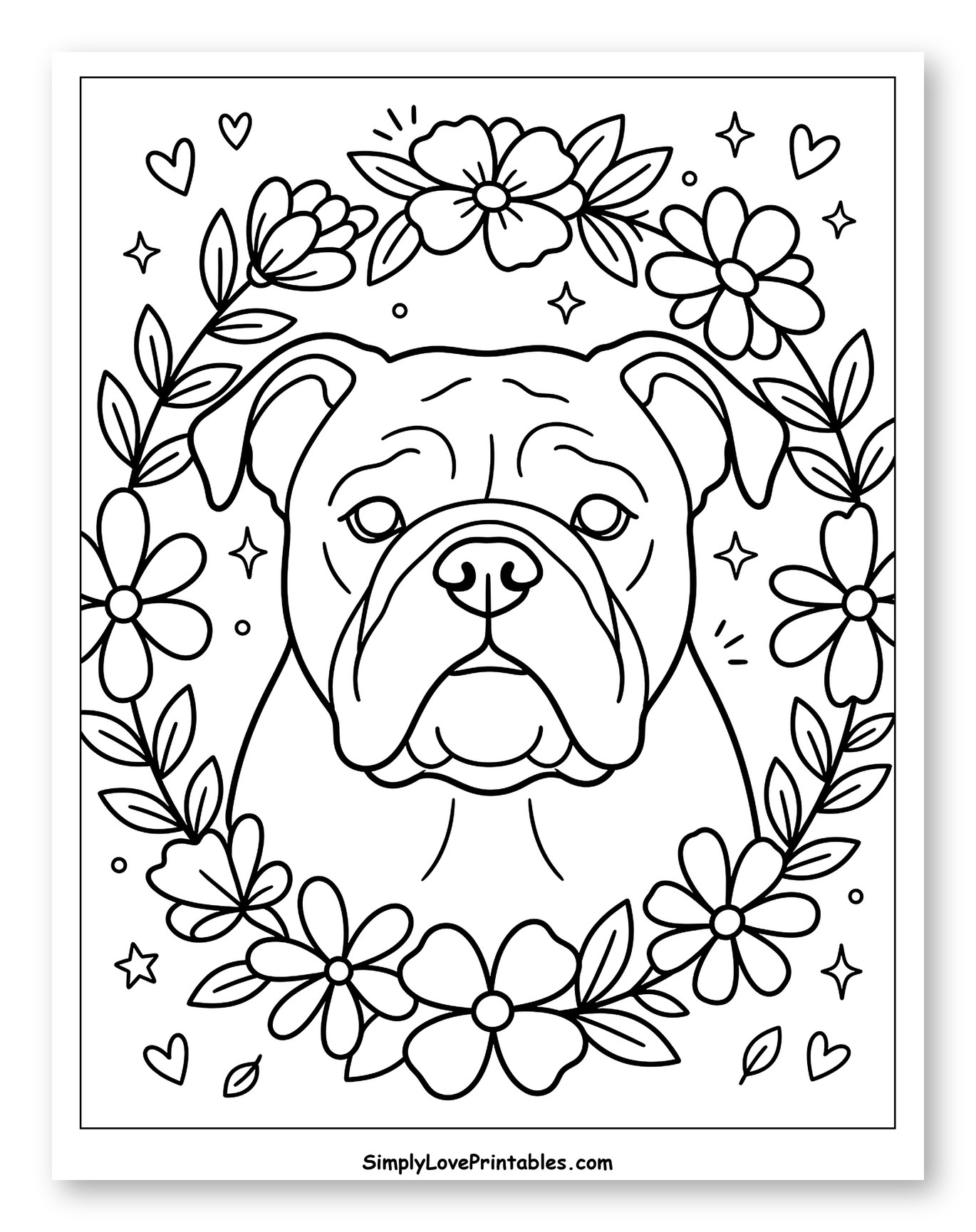 Cute Bulldog Surrounded by Floral Wreath Coloring Page for Adults