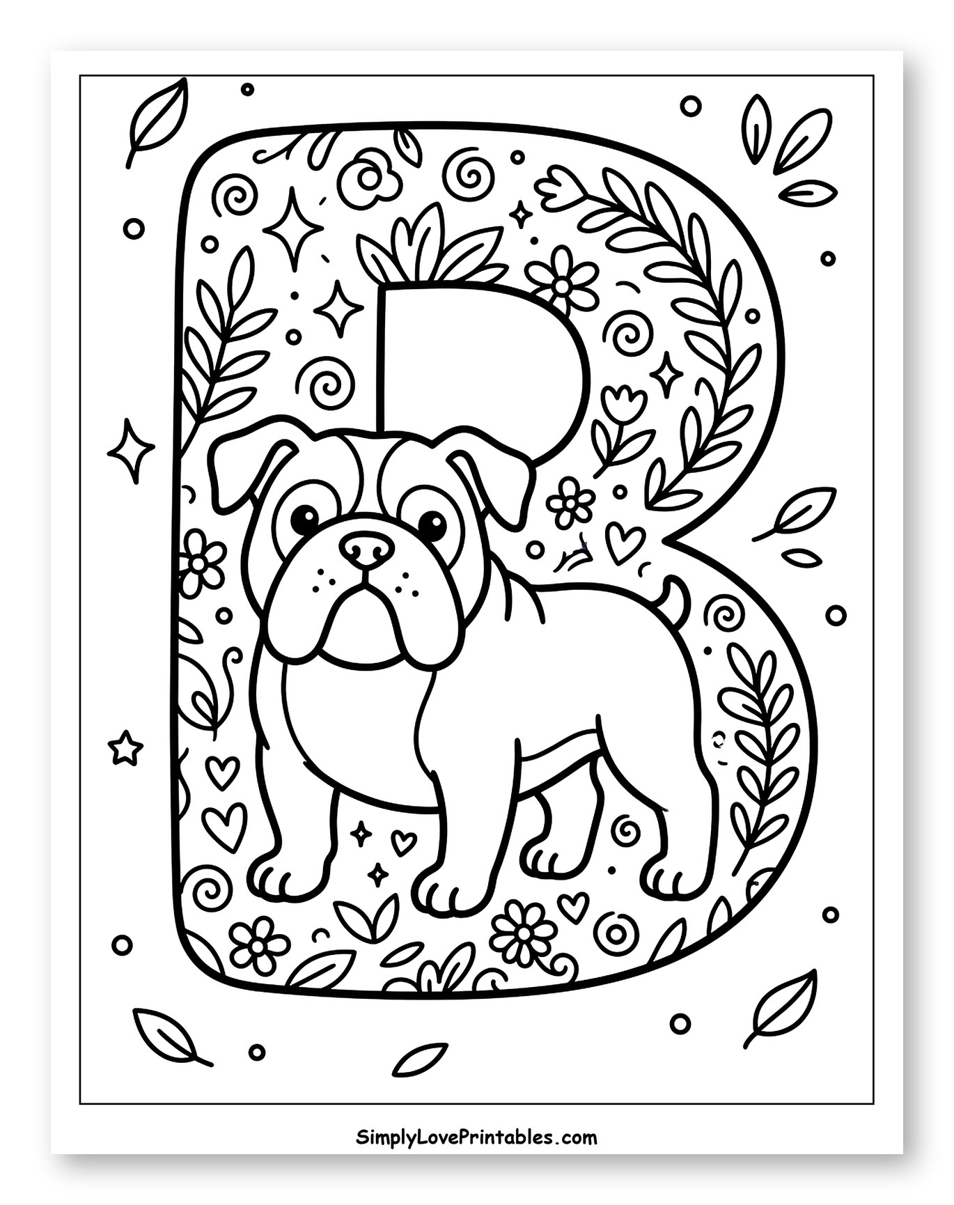 Cute Bulldog with Flowers in Letter B