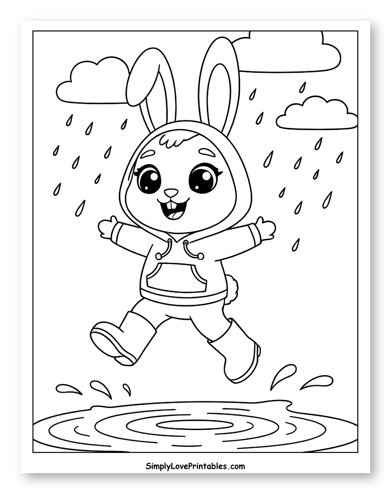 Cute Bunny in Hoodie Jumping in Puddle