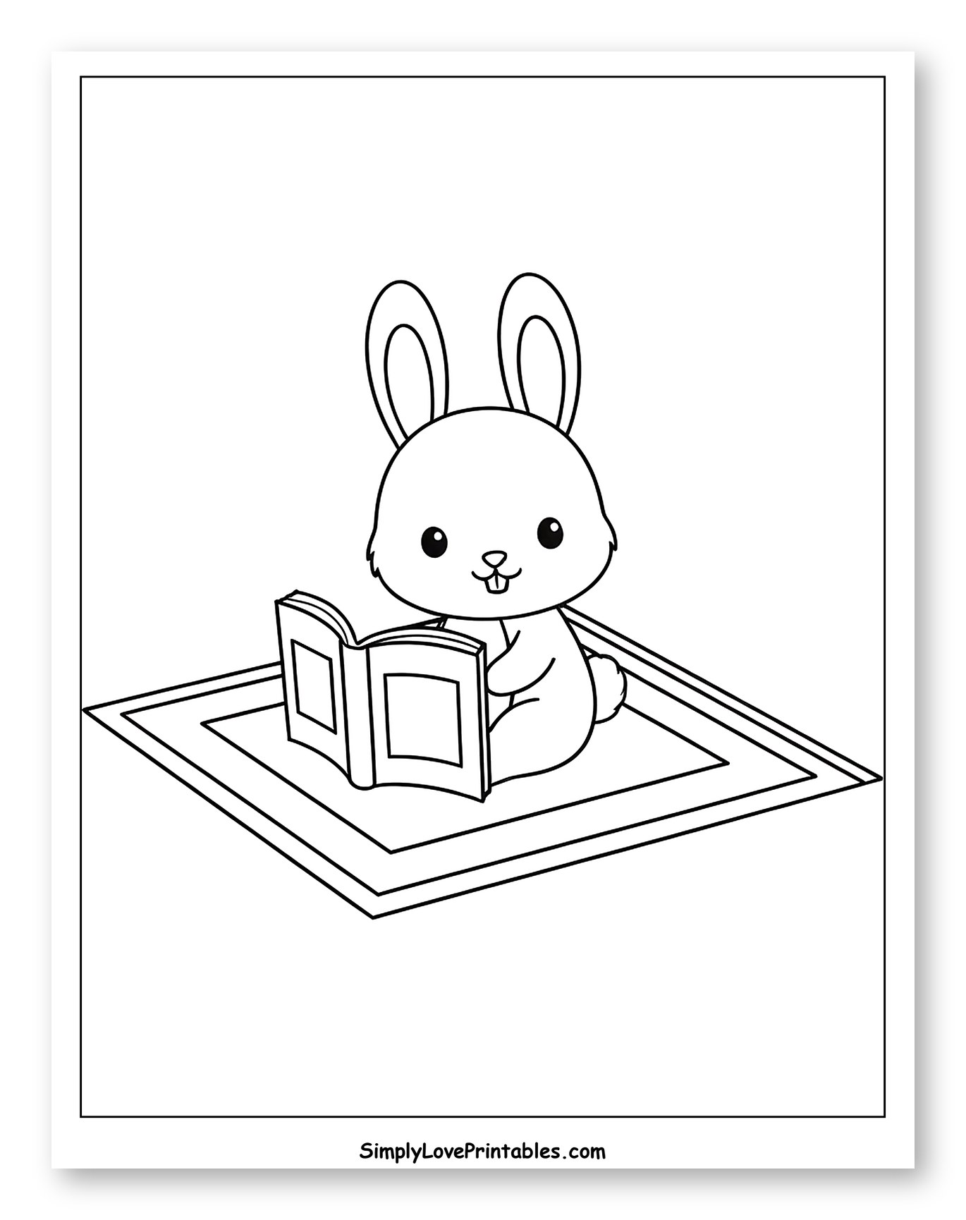 Cute Bunny Reading a Book on a Rug to Color for Toddlers