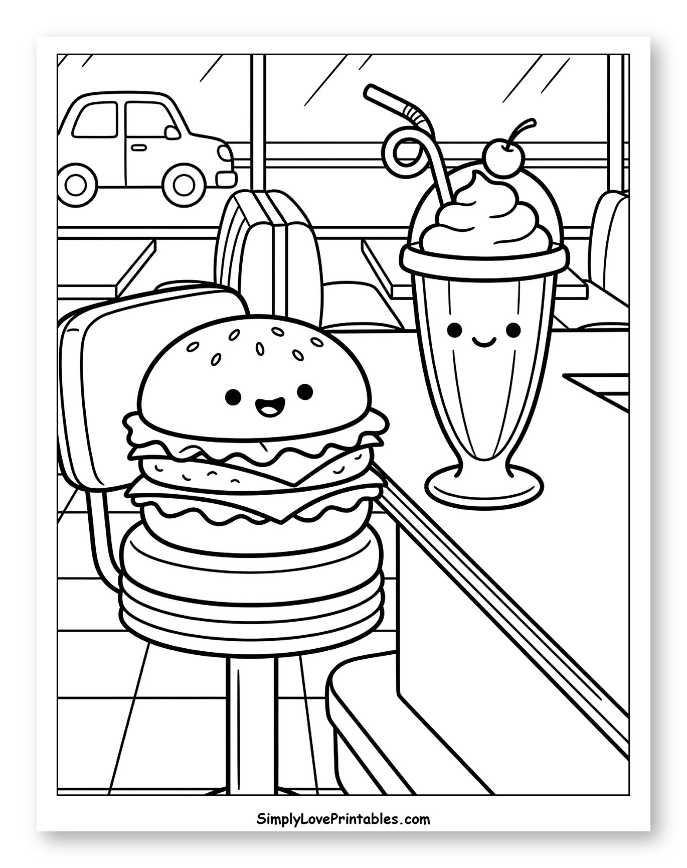 Cute Burger and Milkshake in a Diner Coloring Sheet for Kids