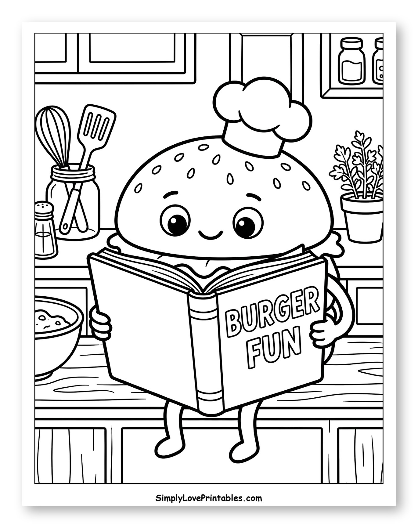 Cute Burger Character Reading a Book in Kitchen