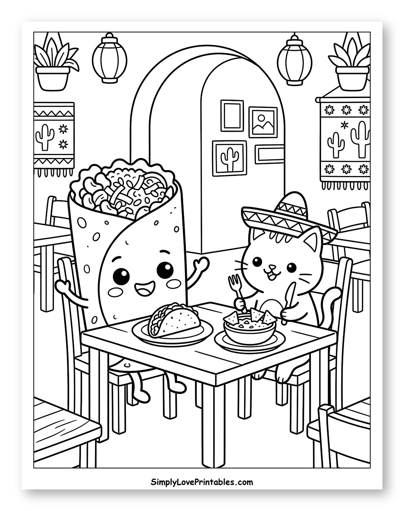 Cute Burrito and Cat Eating Mexican Food Coloring Sheet for Kids