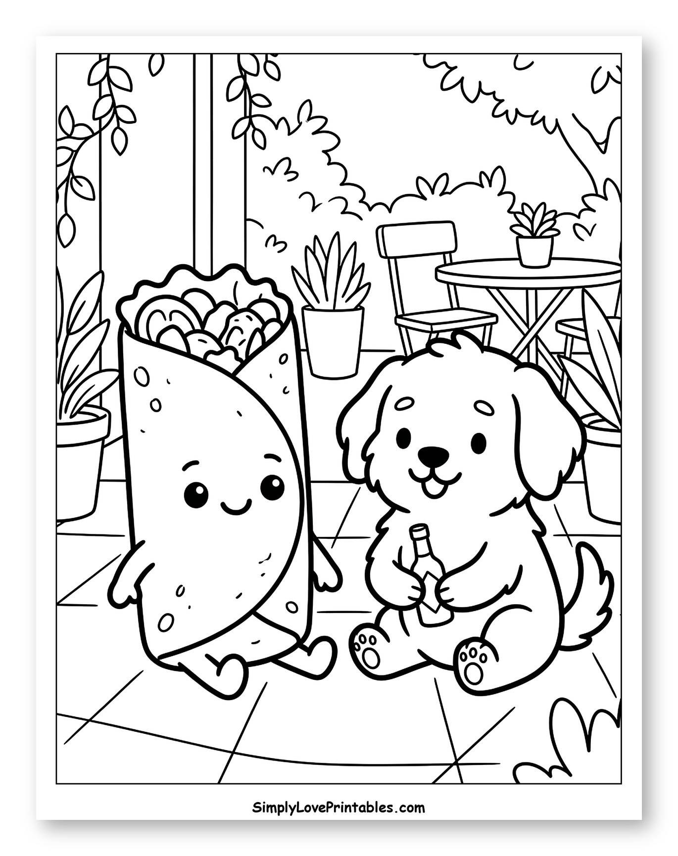 Cute Burrito and Dog on a Patio to Color for Kids