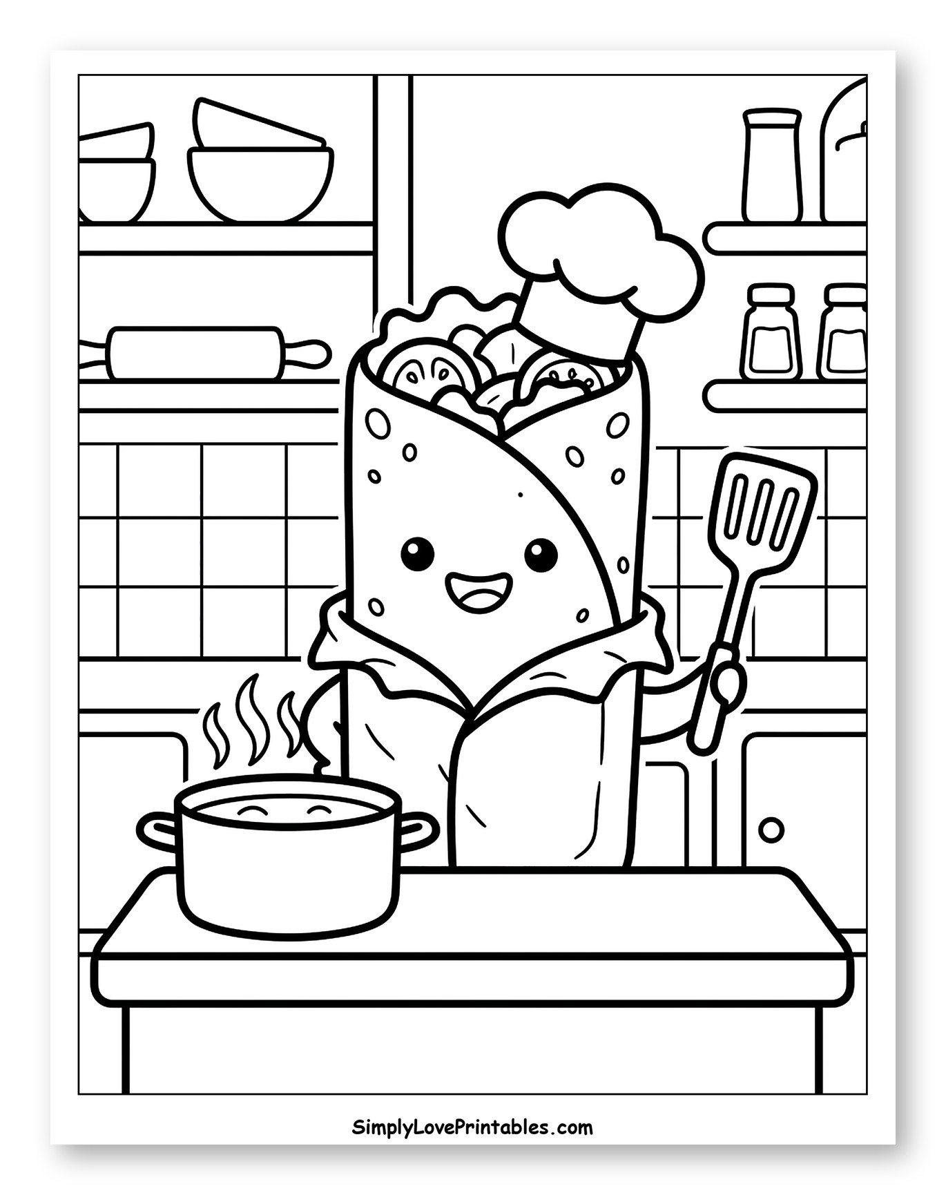 Cute Burrito Chef Cooking in Kitchen to Color for Kids