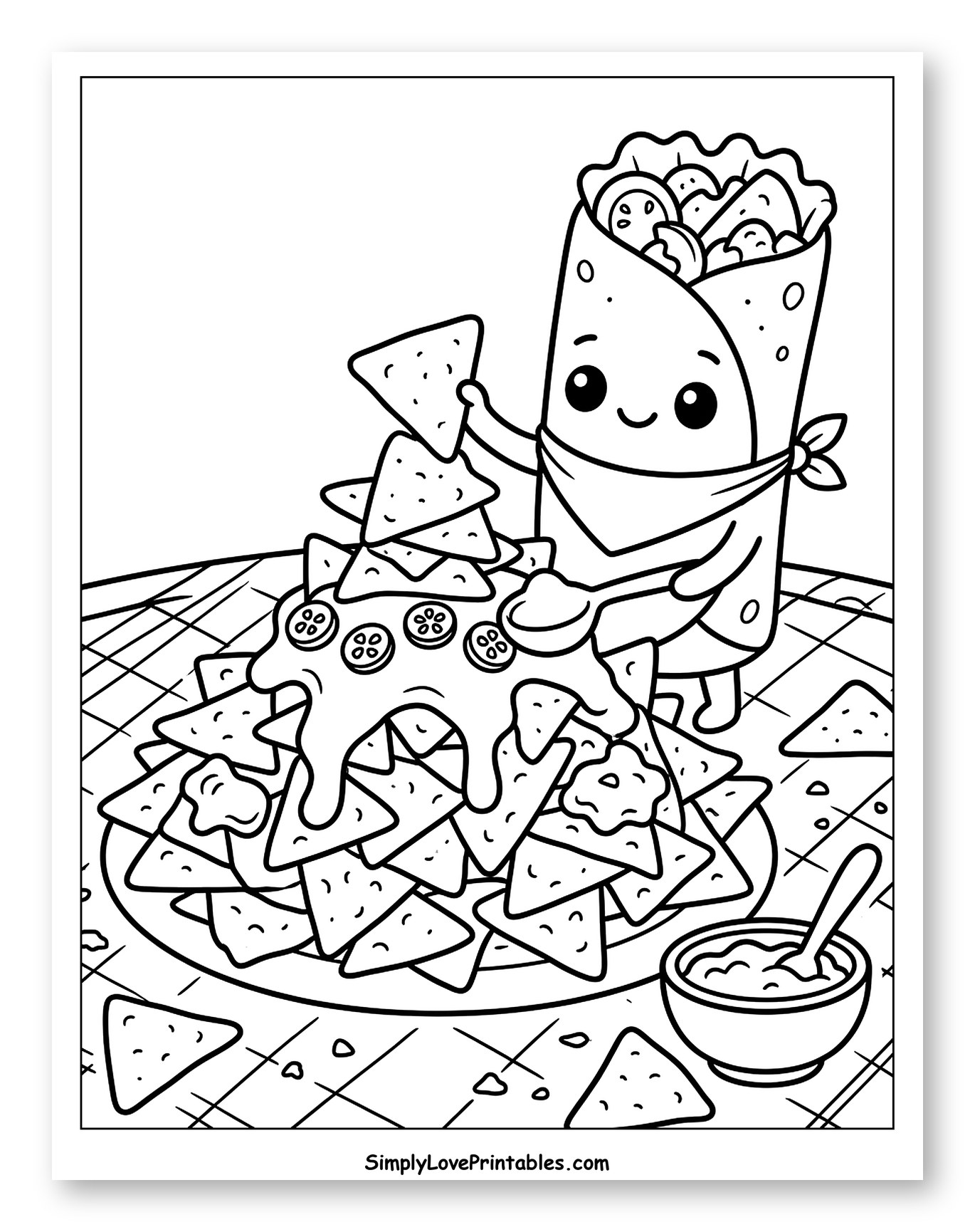 Cute Burrito Making a Stack of Nachos