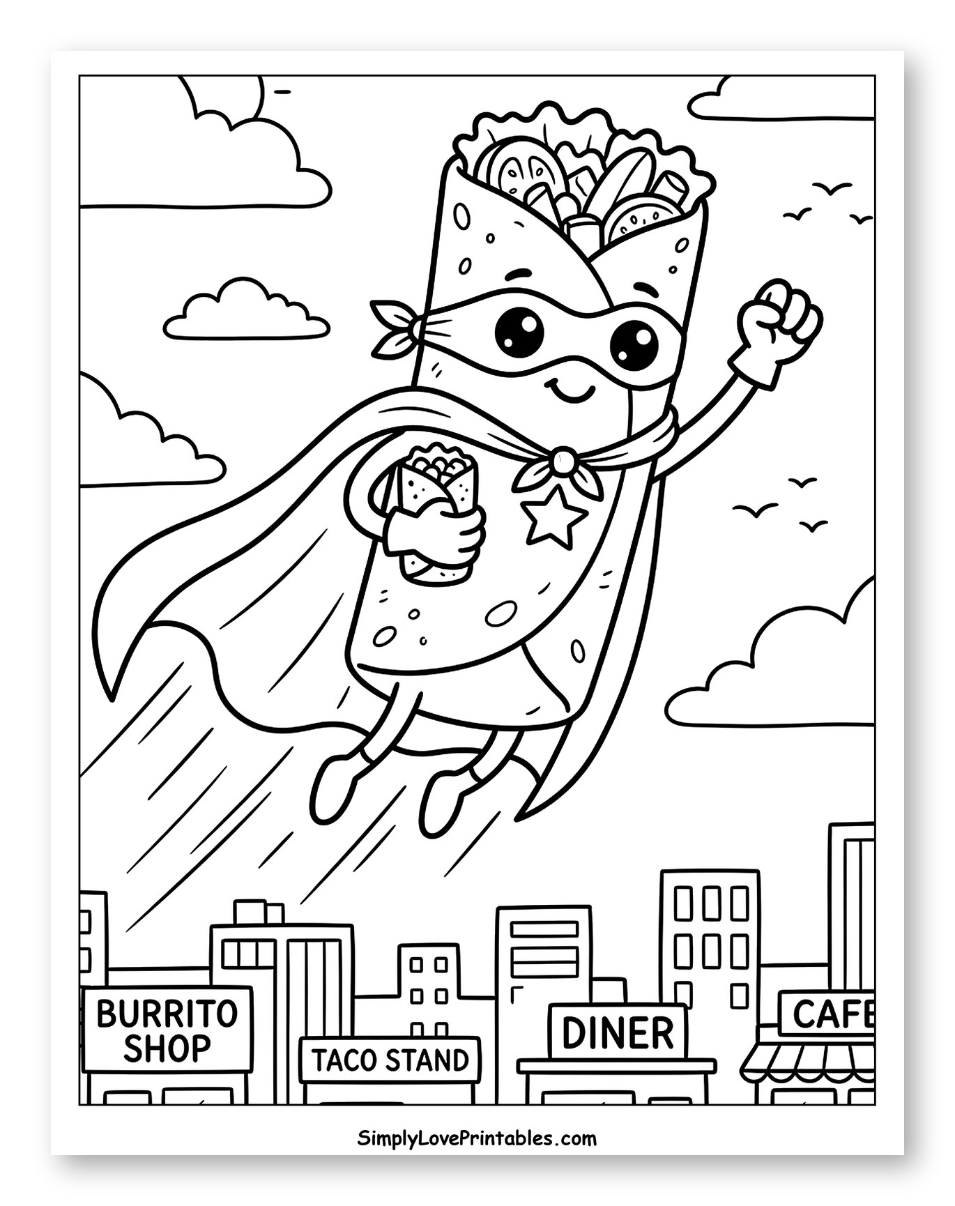 Cute Burrito Superhero Soaring Above Buildings