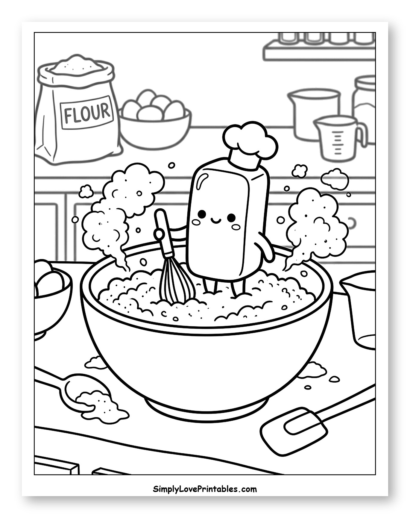 Cute Butter Character Baking in Kitchen Coloring Sheet for Kids