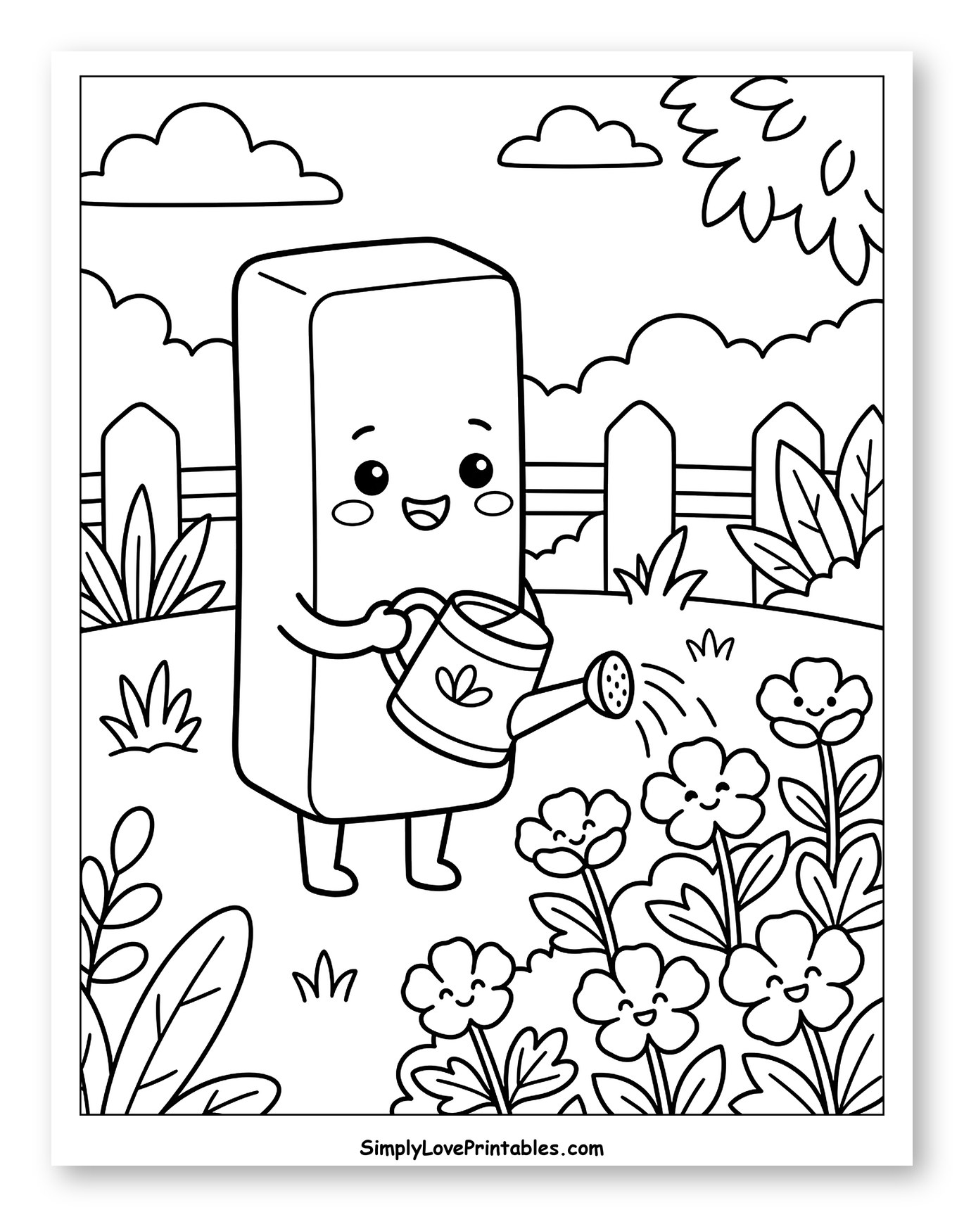 Cute Butter Character Watering Smiling Flowers to Color for Kids