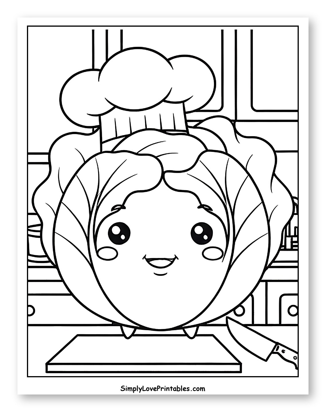 Cute Cabbage Chef on Cutting Board Coloring Page for Kids