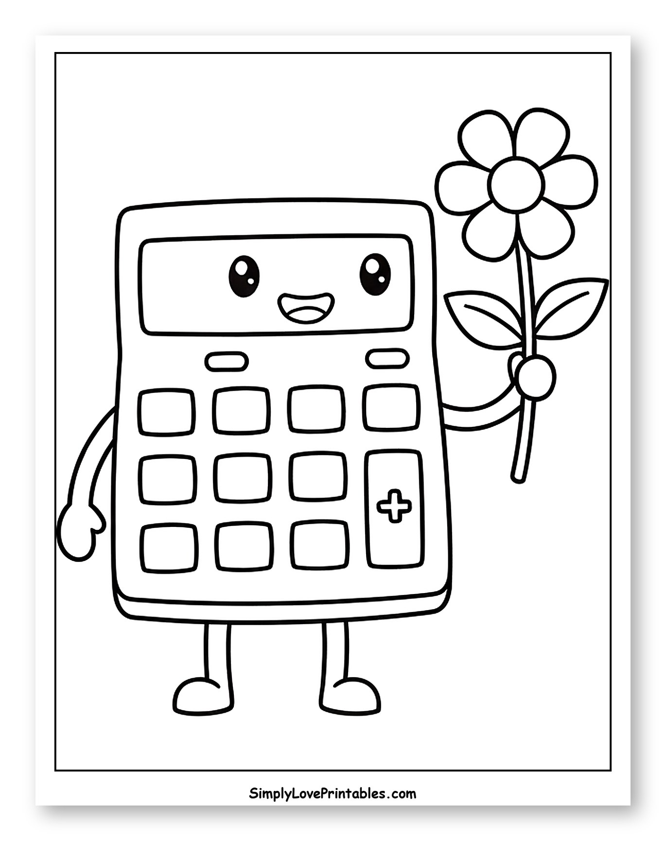 Cute Calculator Holding a Flower to Color for Toddlers