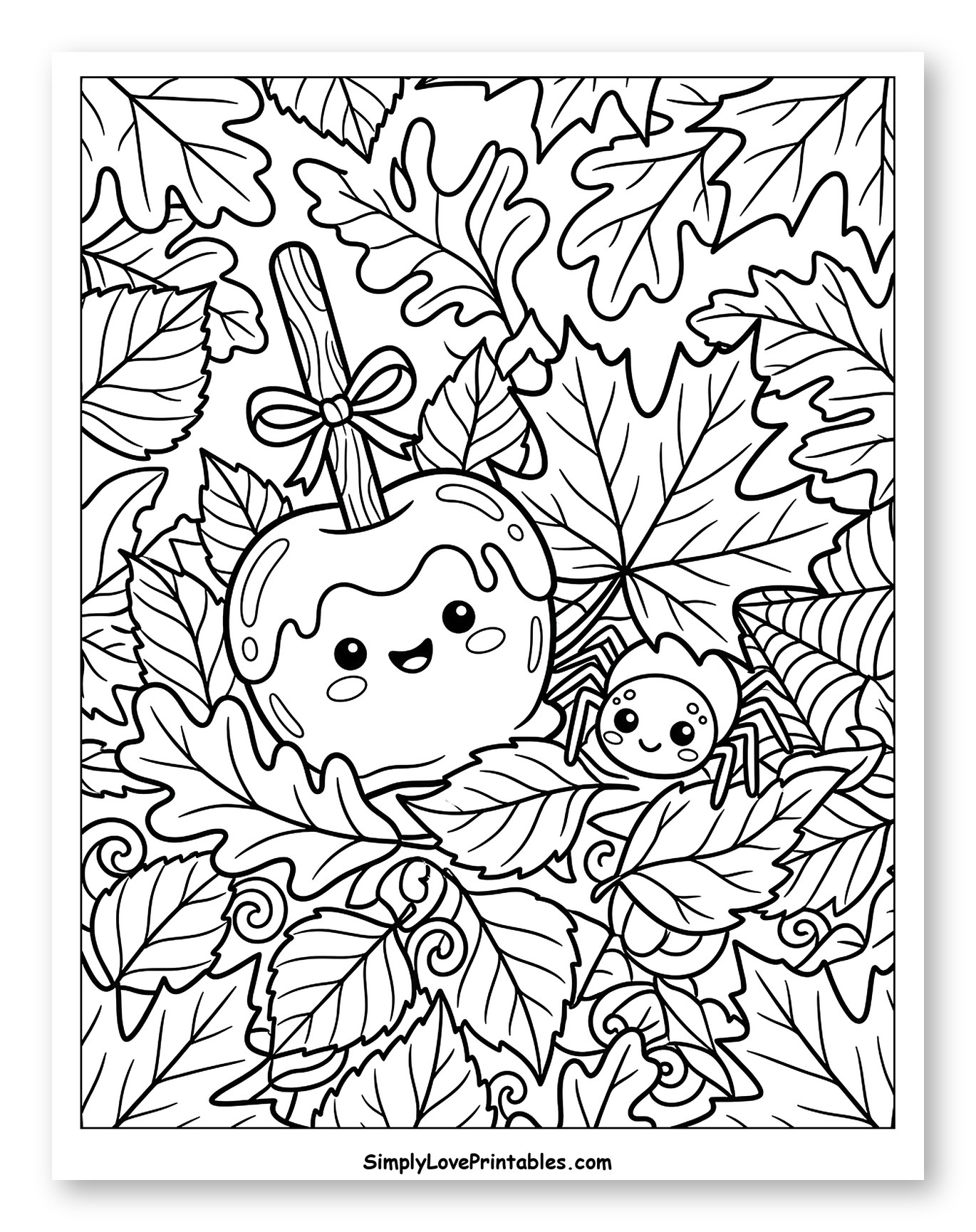 Cute Candy Apple and Spider in Fall Leaves
