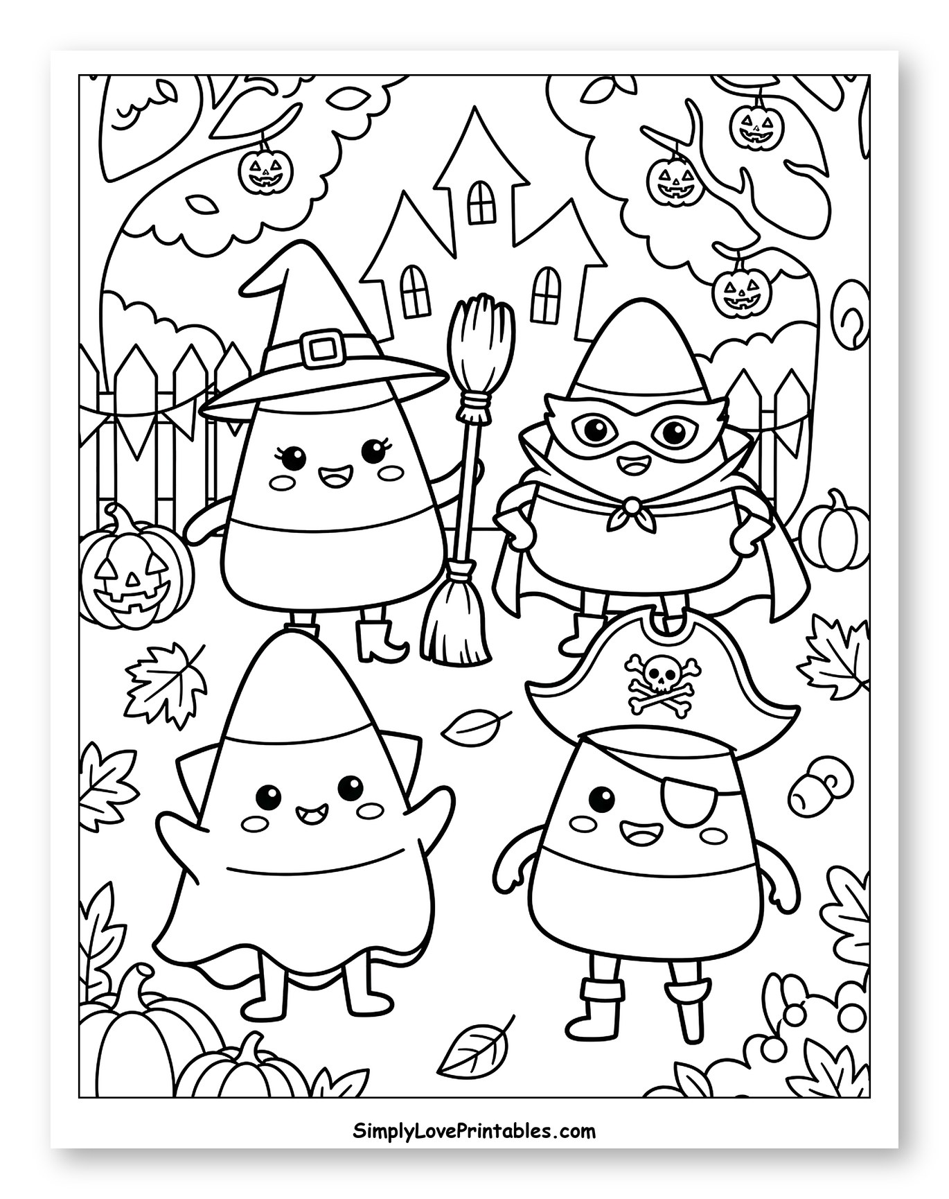 Cute Candy Corn Characters in Halloween Costumes Coloring Page for Kids