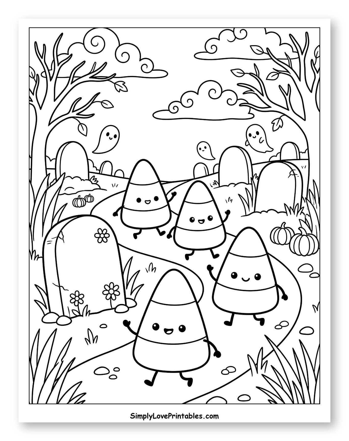 Cute Candy Corn Friends in a Halloween Graveyard Coloring Sheet for Kids