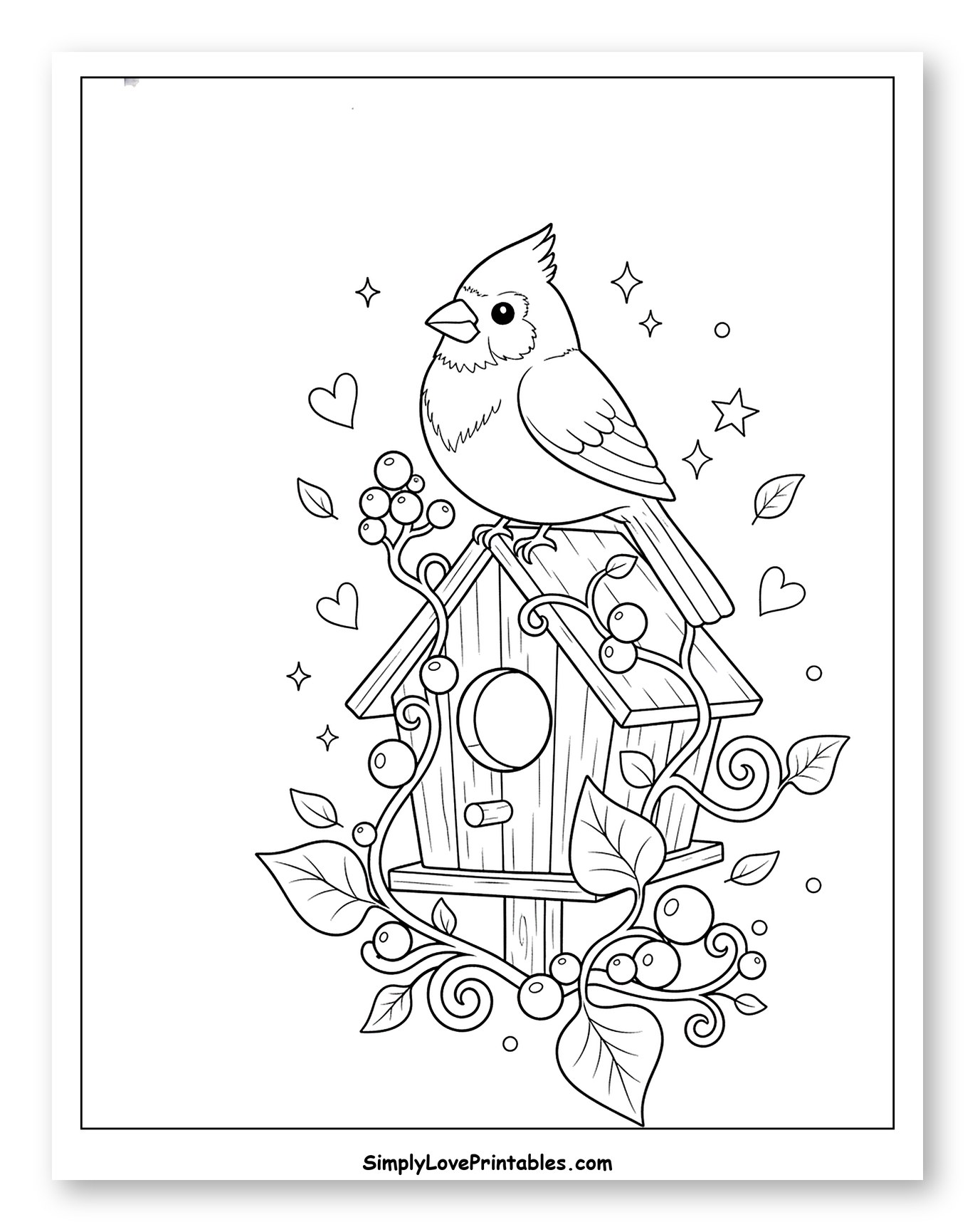 Cute Cardinal Bird on a Berry-Covered Birdhouse