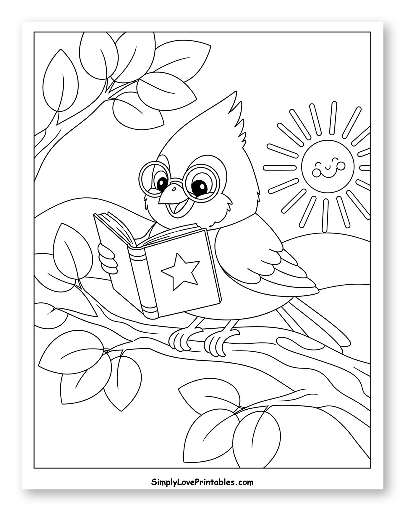 Cute Cardinal Reading a Book on a Branch Coloring Page for Kids