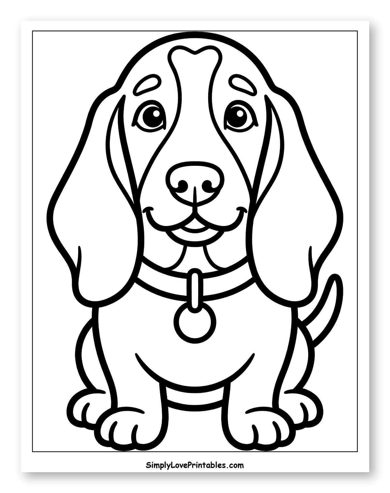 Cute Cartoon Basset Hound Puppy Sitting Coloring Page for Toddlers