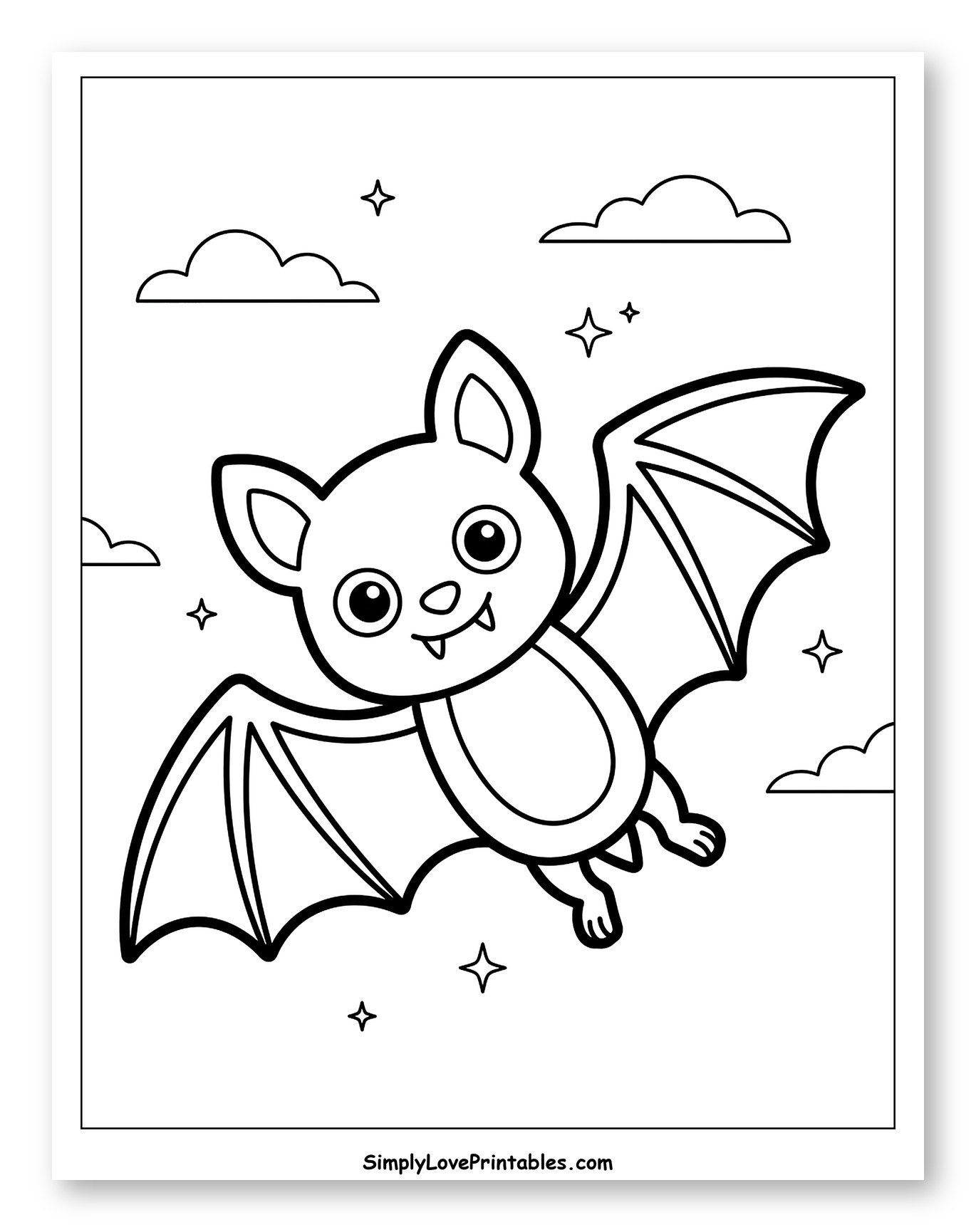 Cute Cartoon Bat Flying with Clouds