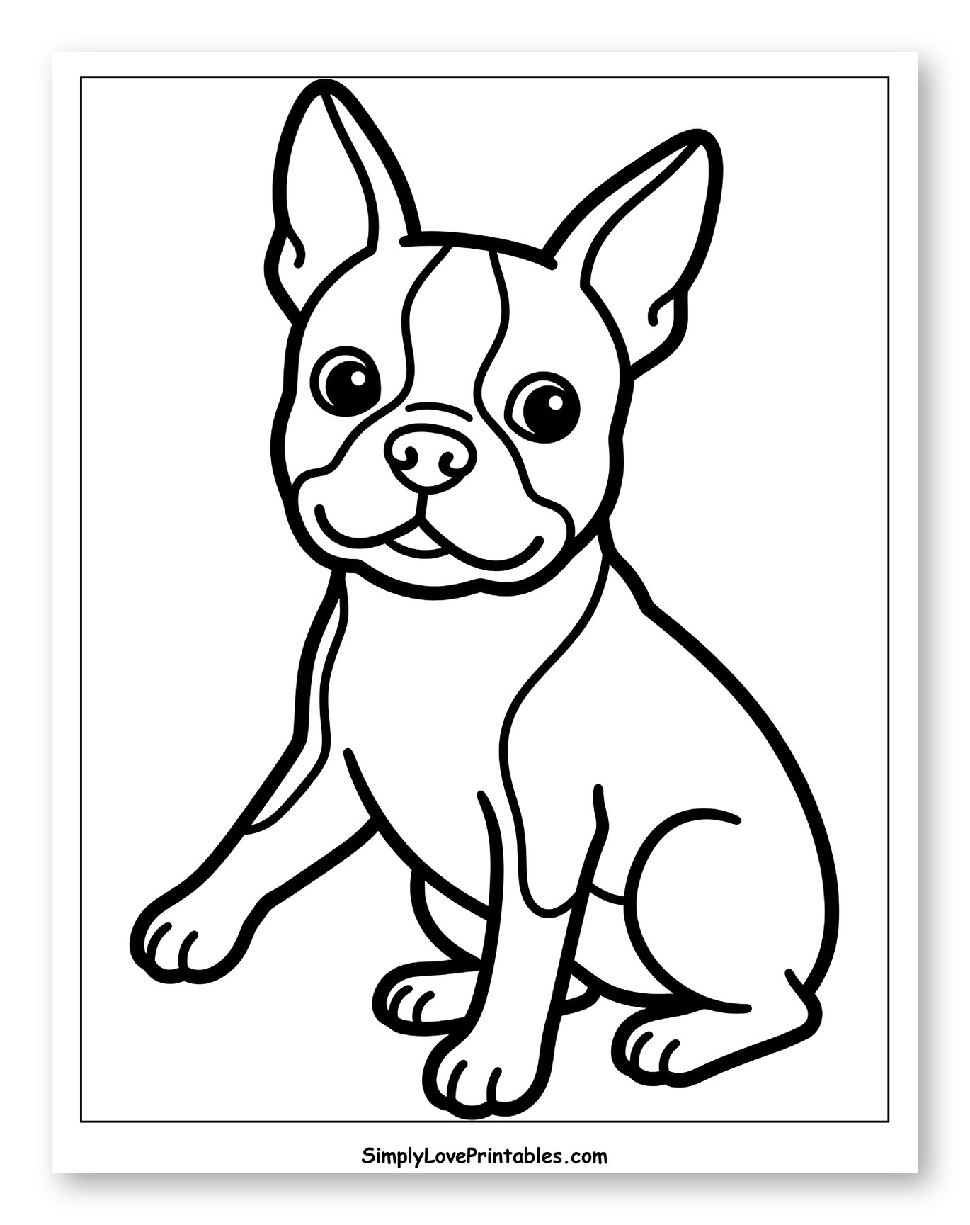 Cute Cartoon Boston Terrier Puppy Sitting Coloring Sheet for Toddlers