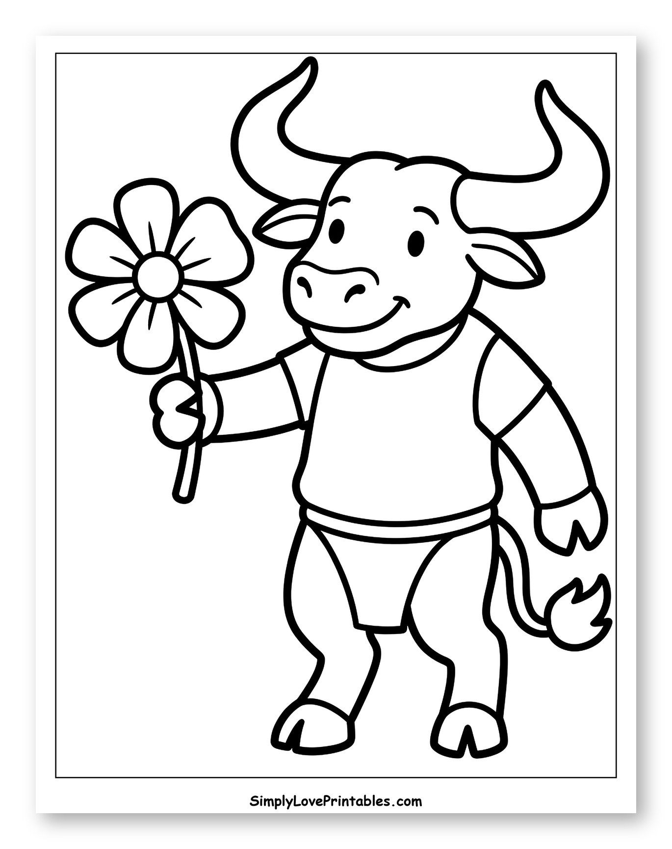 Cute Cartoon Bull Holding a Flower