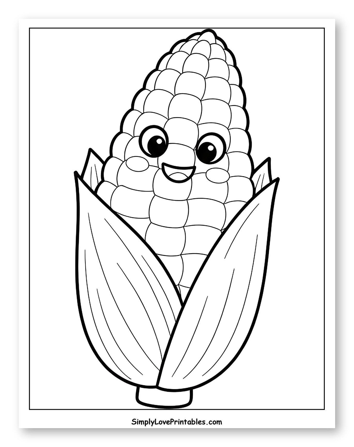 Cute Cartoon Corn Cob with Happy Face Coloring Page for Toddlers